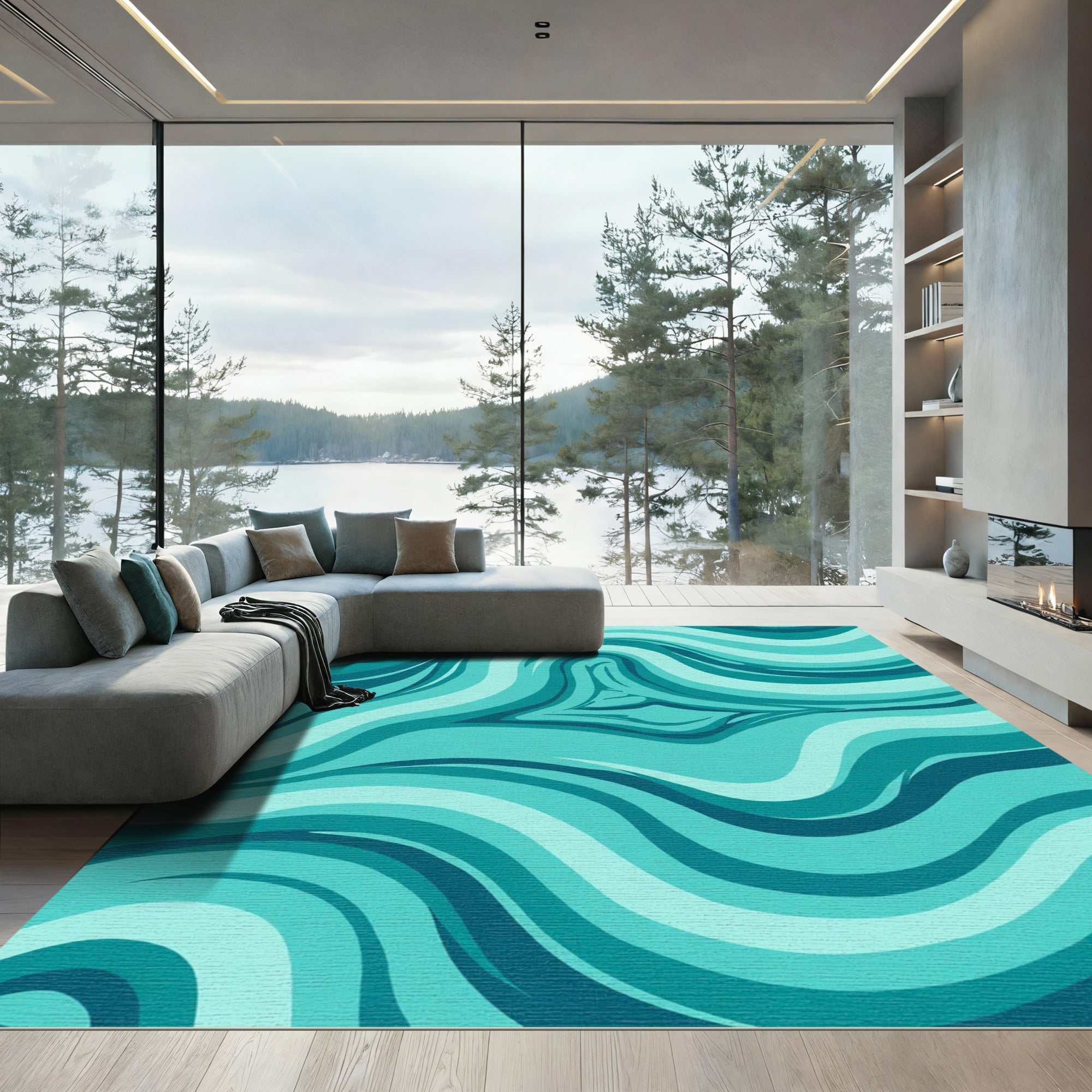 Deep Teal Swirl Abstract Rug