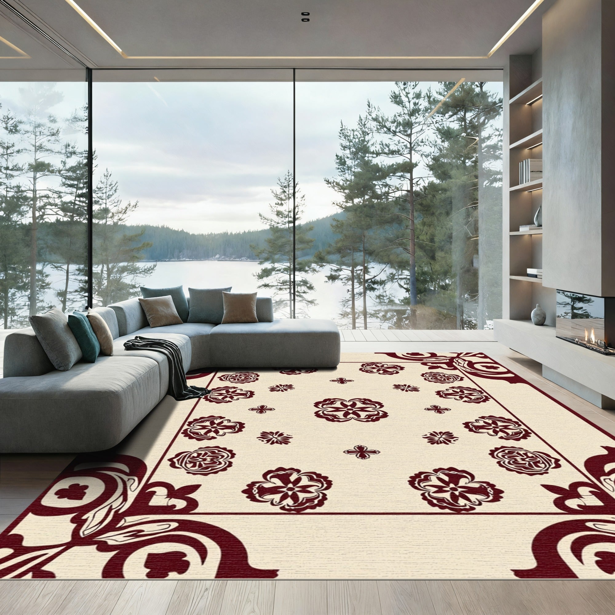 Crimson Floral Scatter medallion Corner Rug