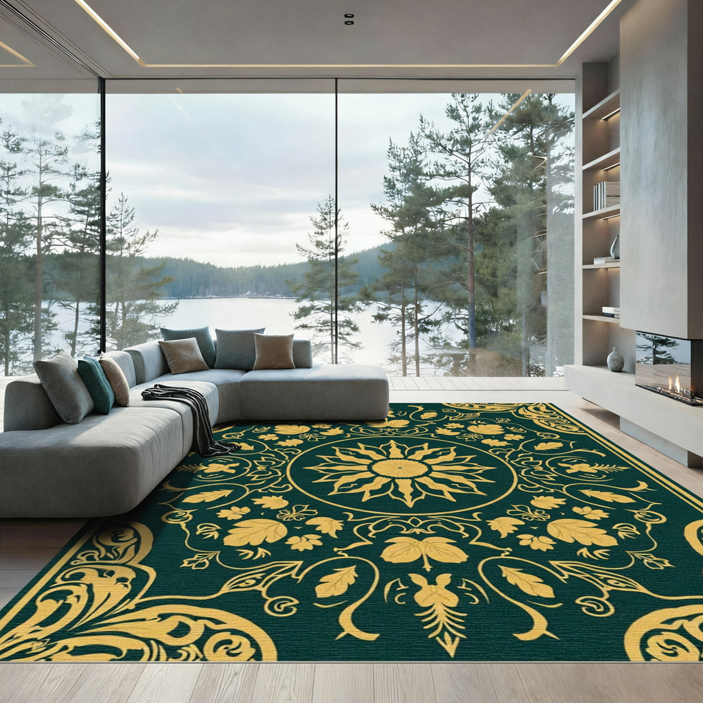Emerald Gold Floral Sunburst Medallion Rug