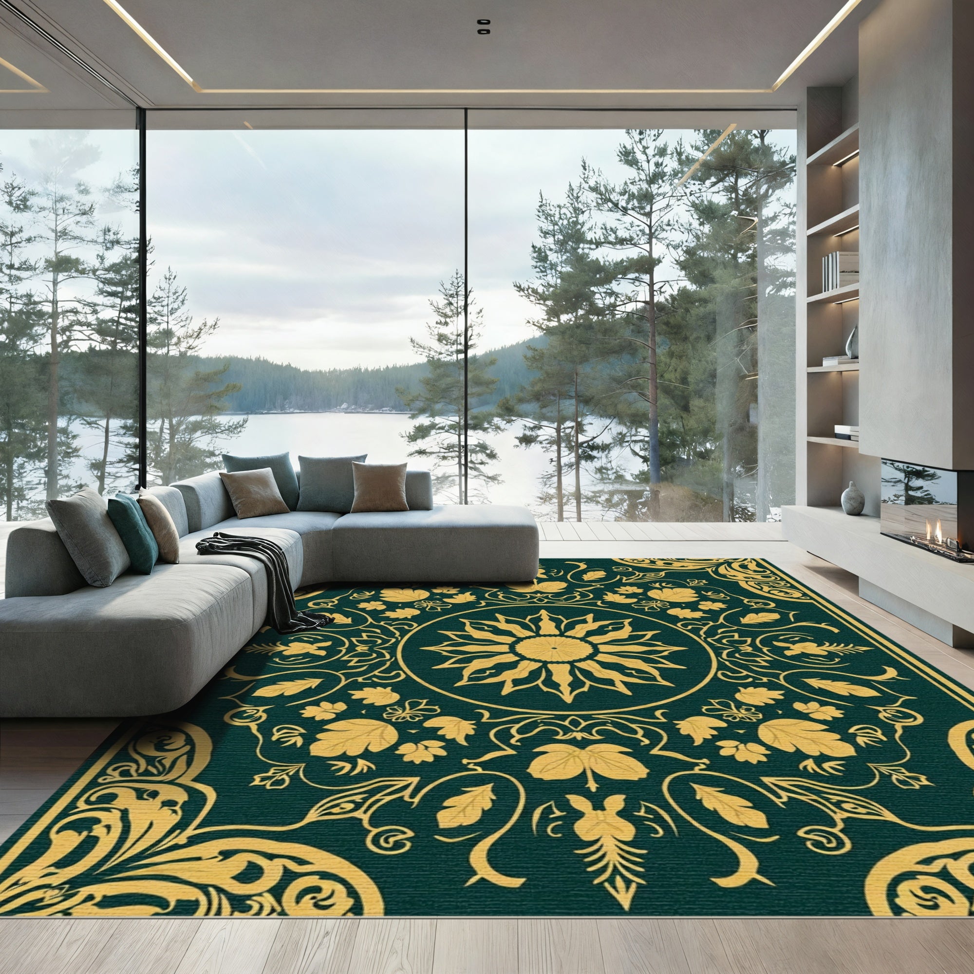 Emerald Gold Floral Sunburst Medallion Rug