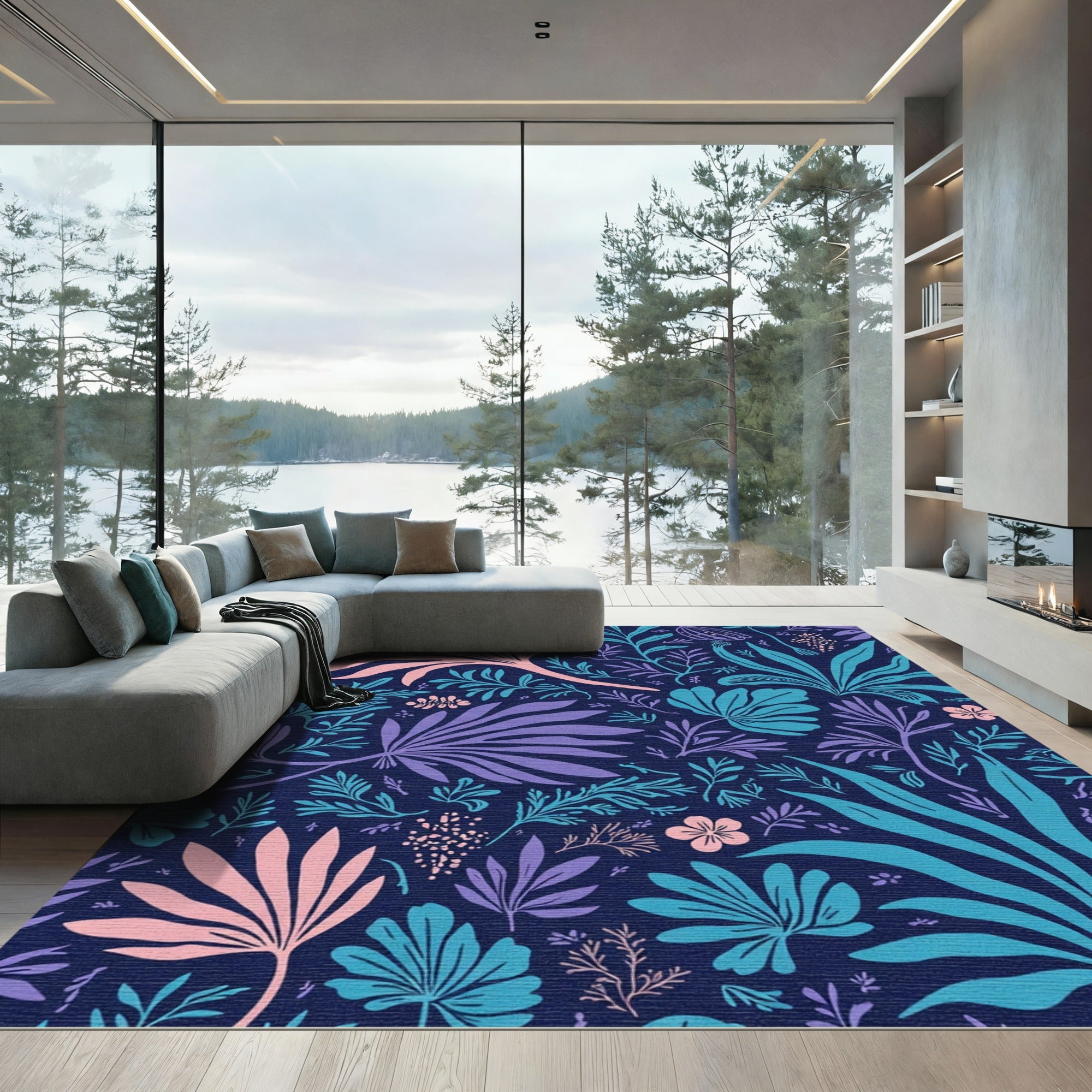 Chic Navy Tropical Floral Fantasy Rug