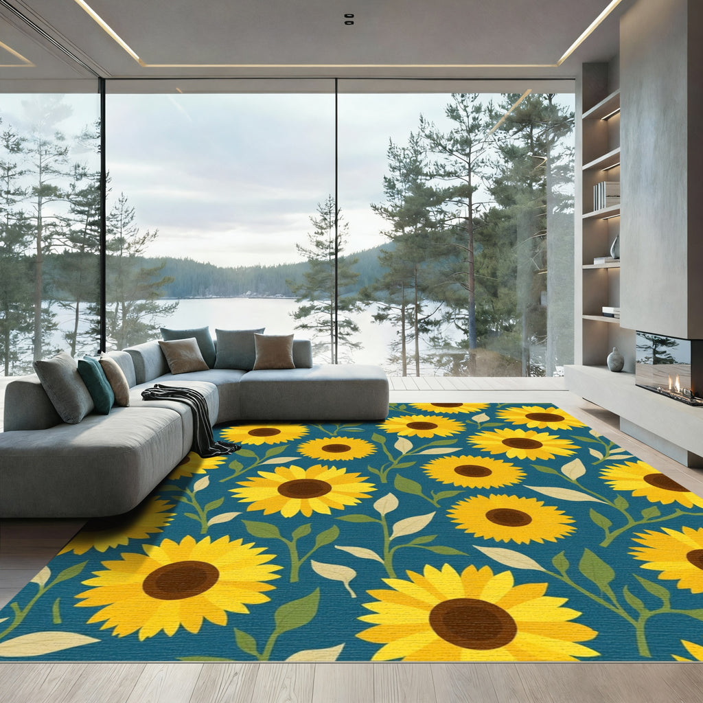 Golden Sunflower Garden Teal Rug