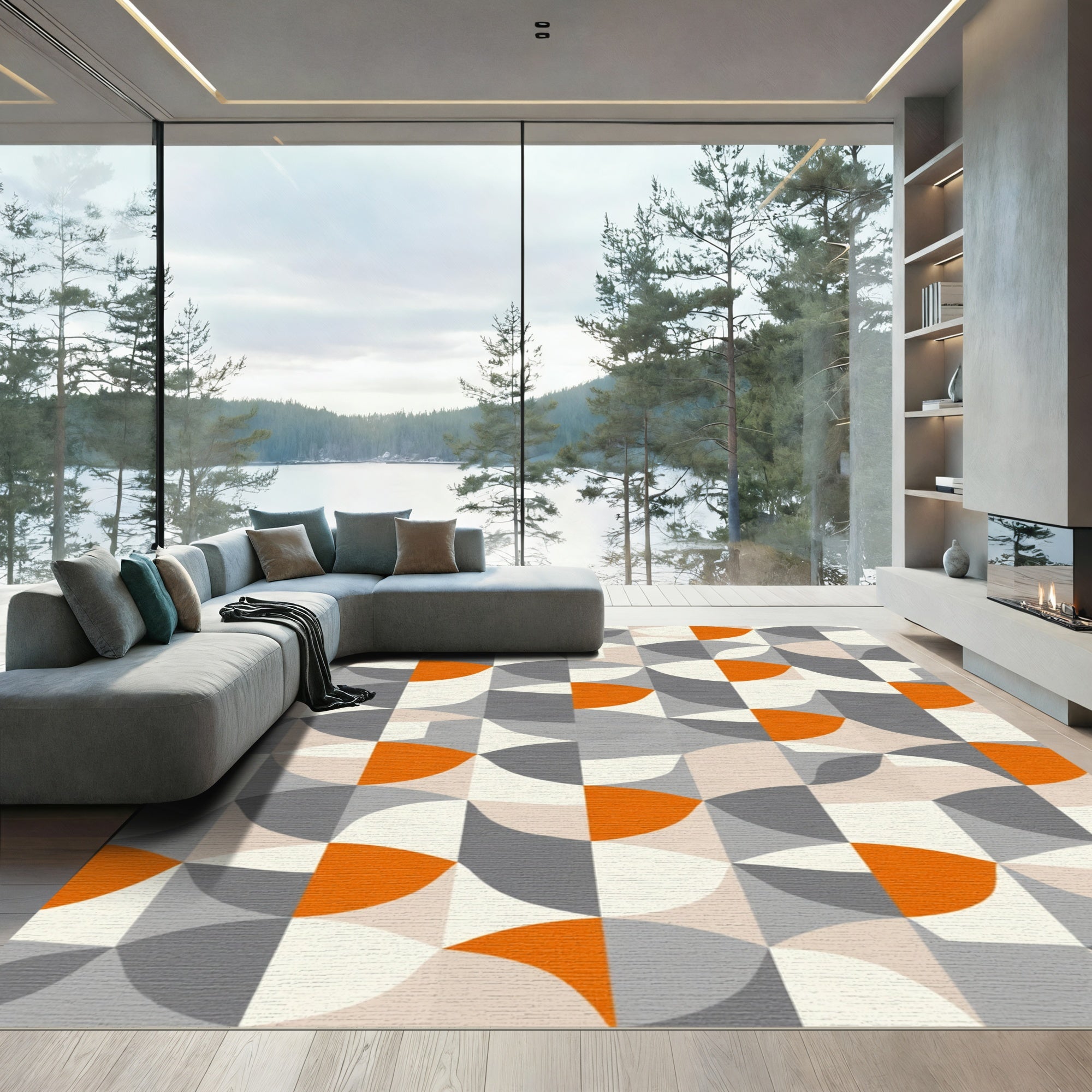 Mid Century Geometric Orange Gray Rug