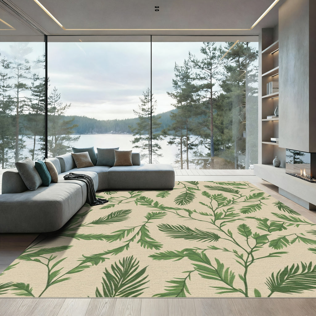 Lush Green Branch Foliage Pattern Rug