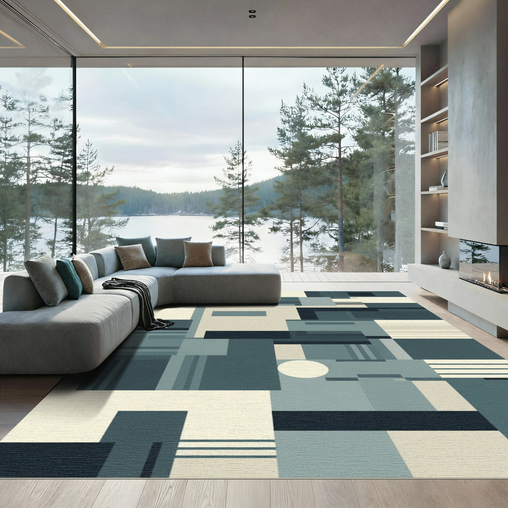 Abstract Teal Geometric Block Arrangement Rug