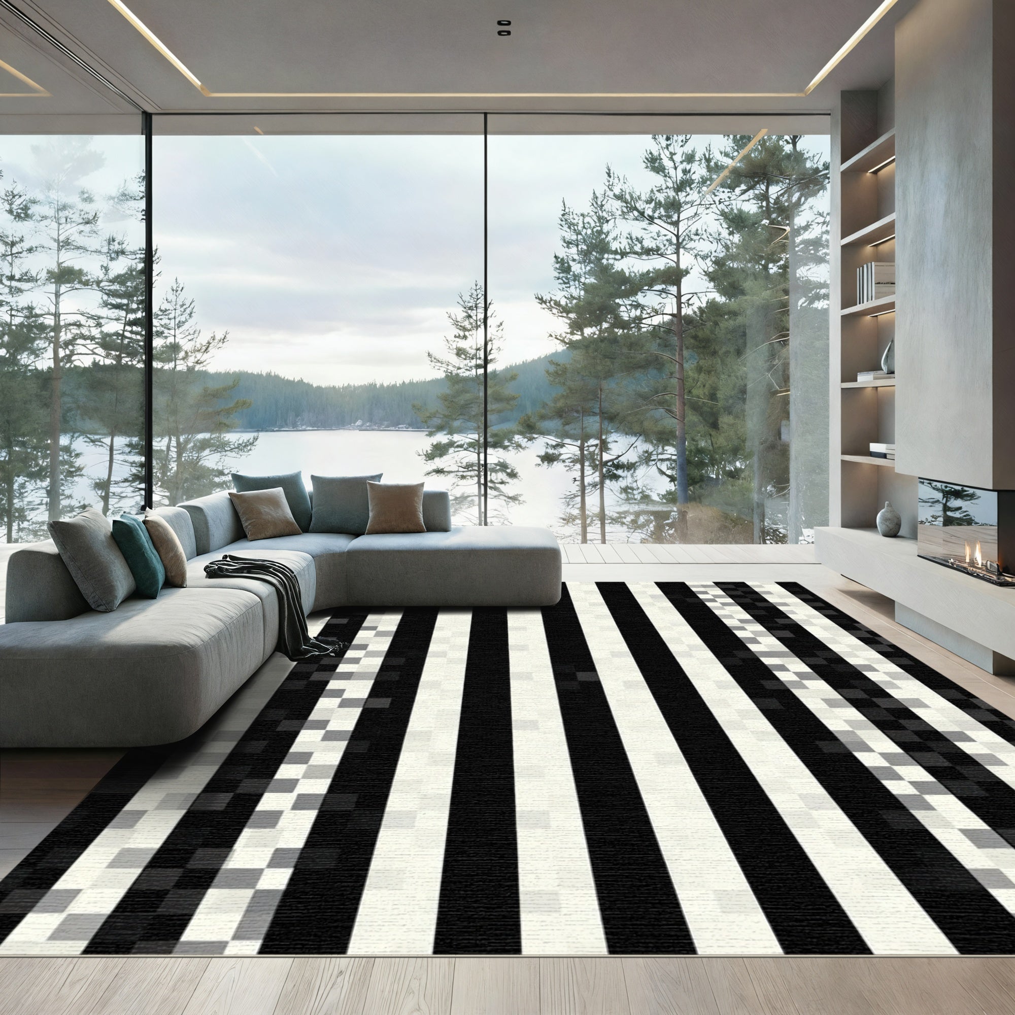 Bold Black White Striped Glitch Rug