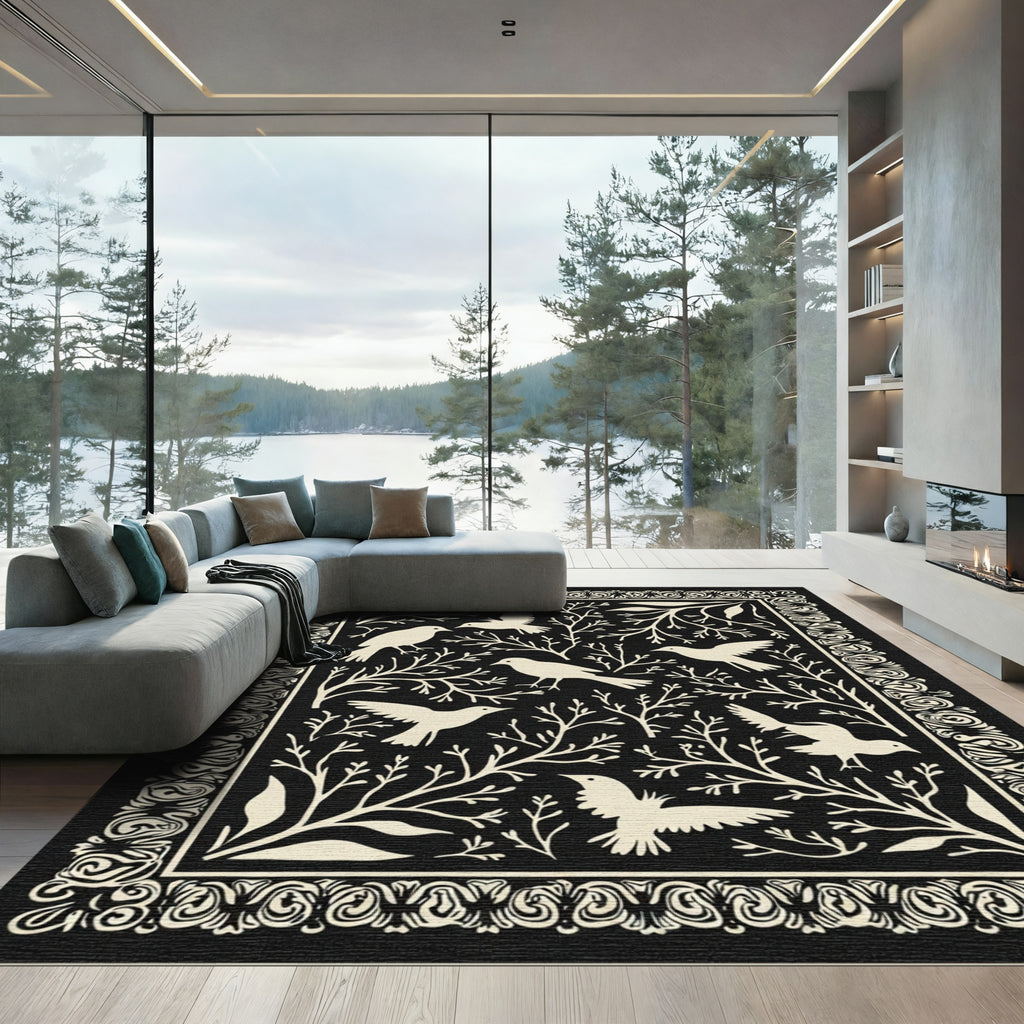 Cream Birds Among Branches Border Rug