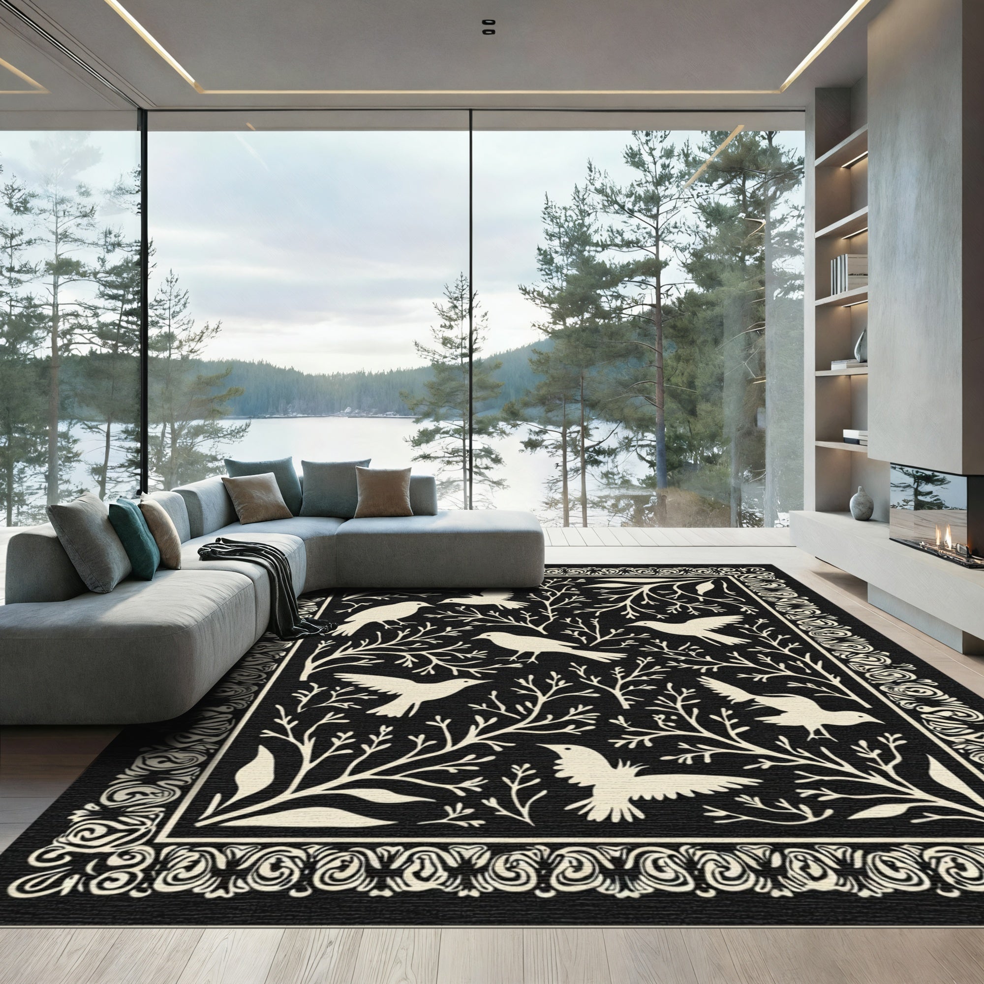 Cream Birds Among Branches Border Rug