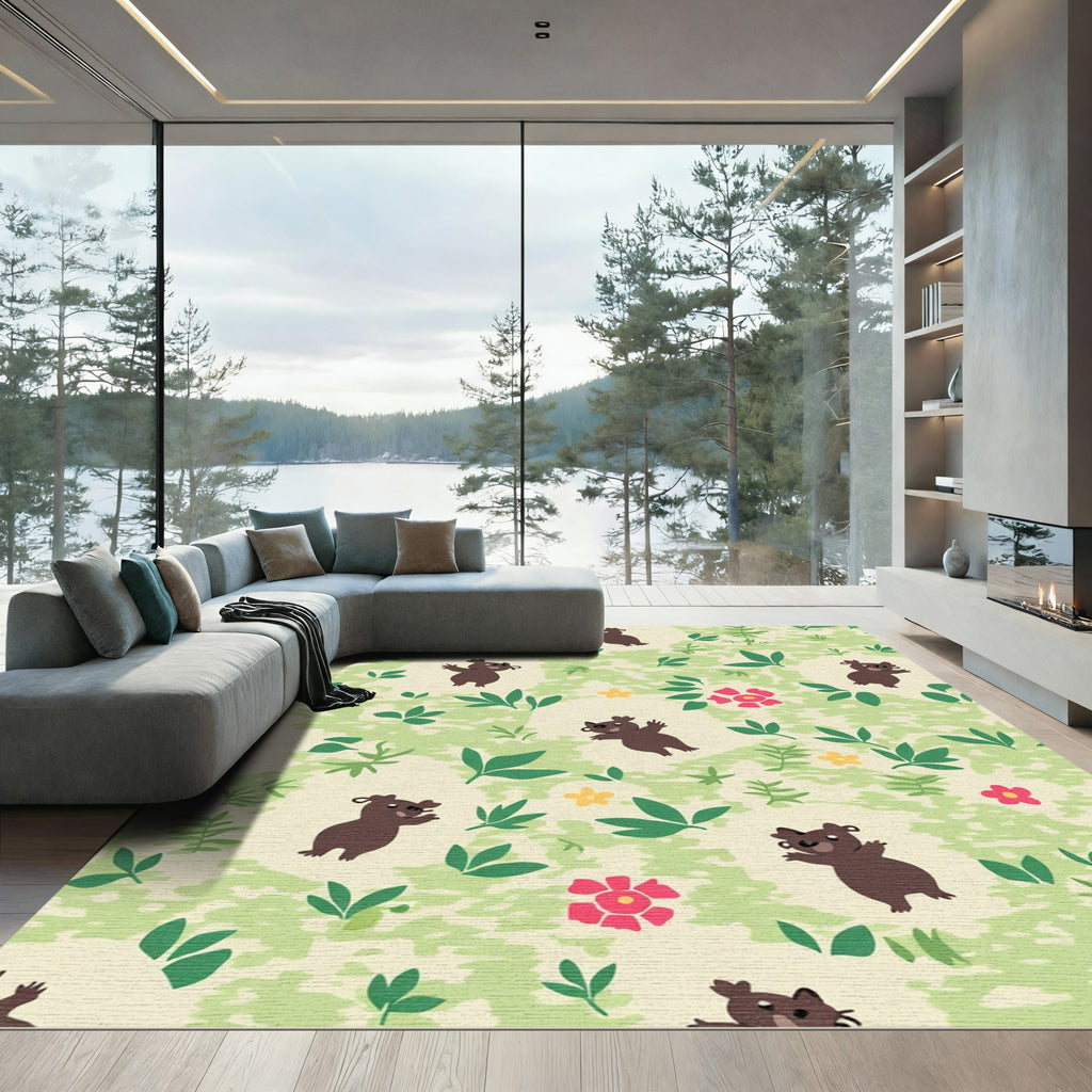 Cute Brown Bear Meadow Flowers Rug