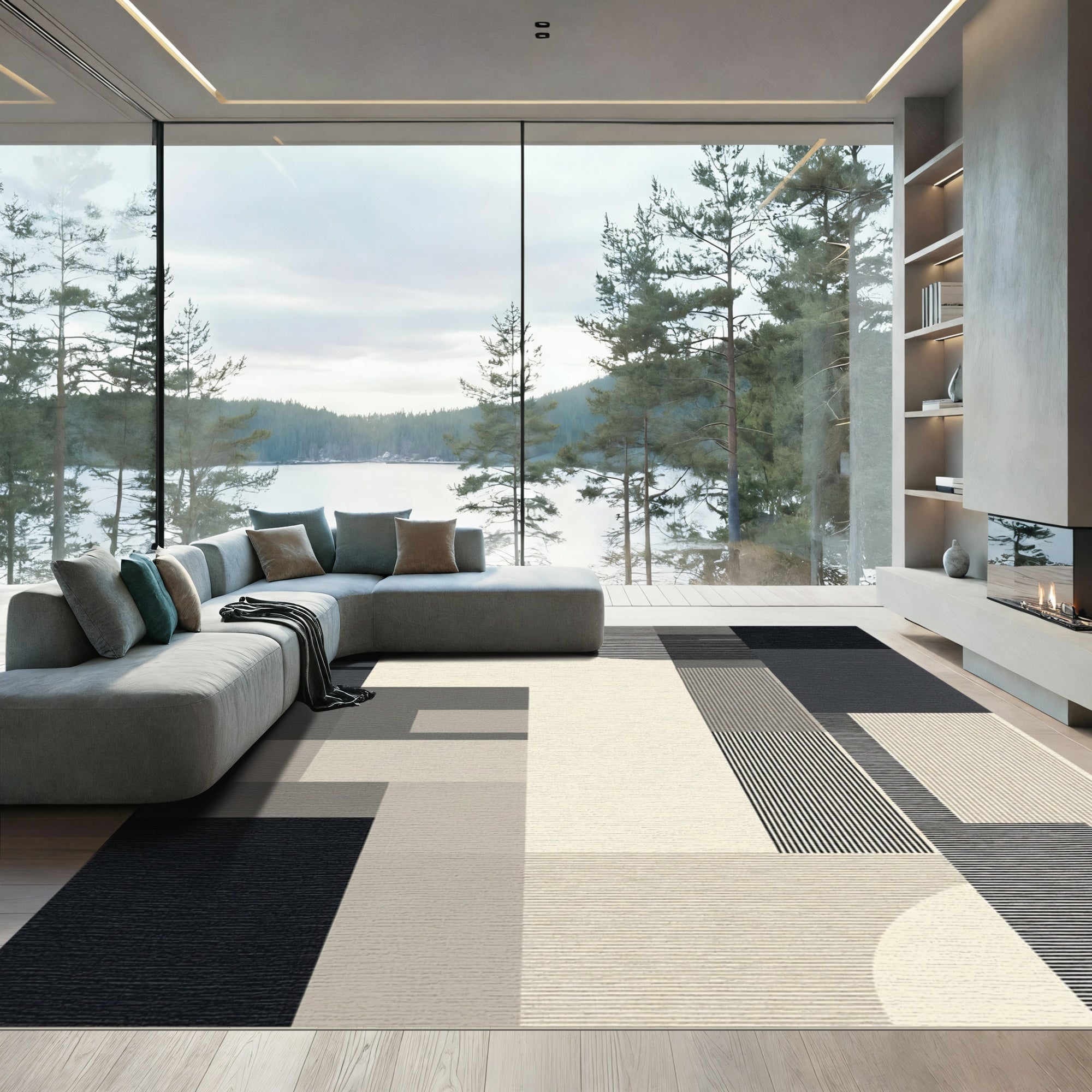 Minimalist Geometric Black and Ivory Rug
