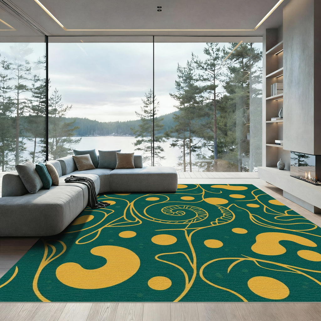 Golden Swirl Abstract Teal Vines Rug