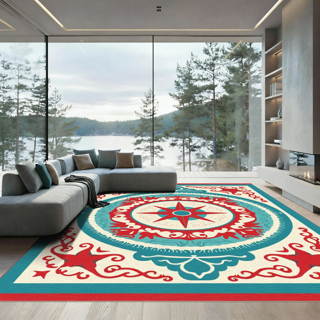 Crimson Teal Starburst Medallion Rug