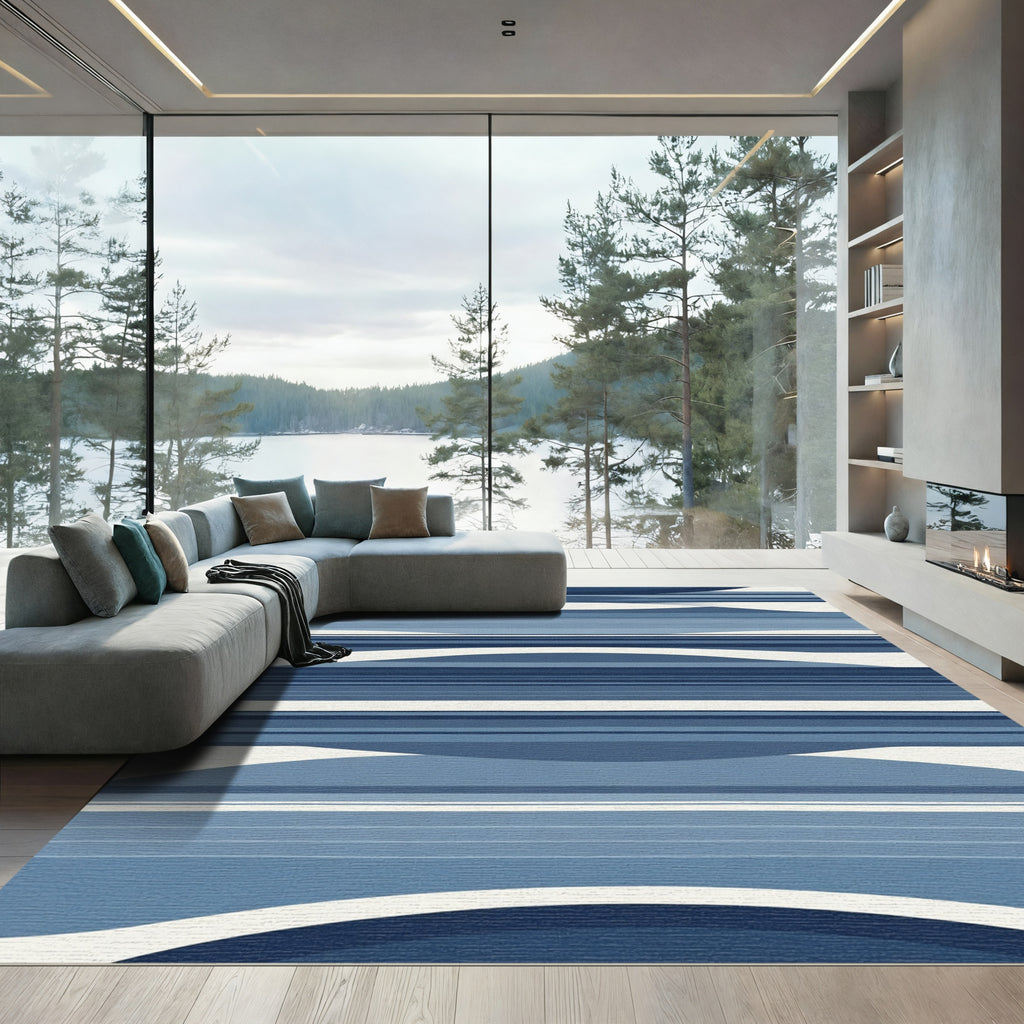 Deep Blue Wave Striped Abstract Rug