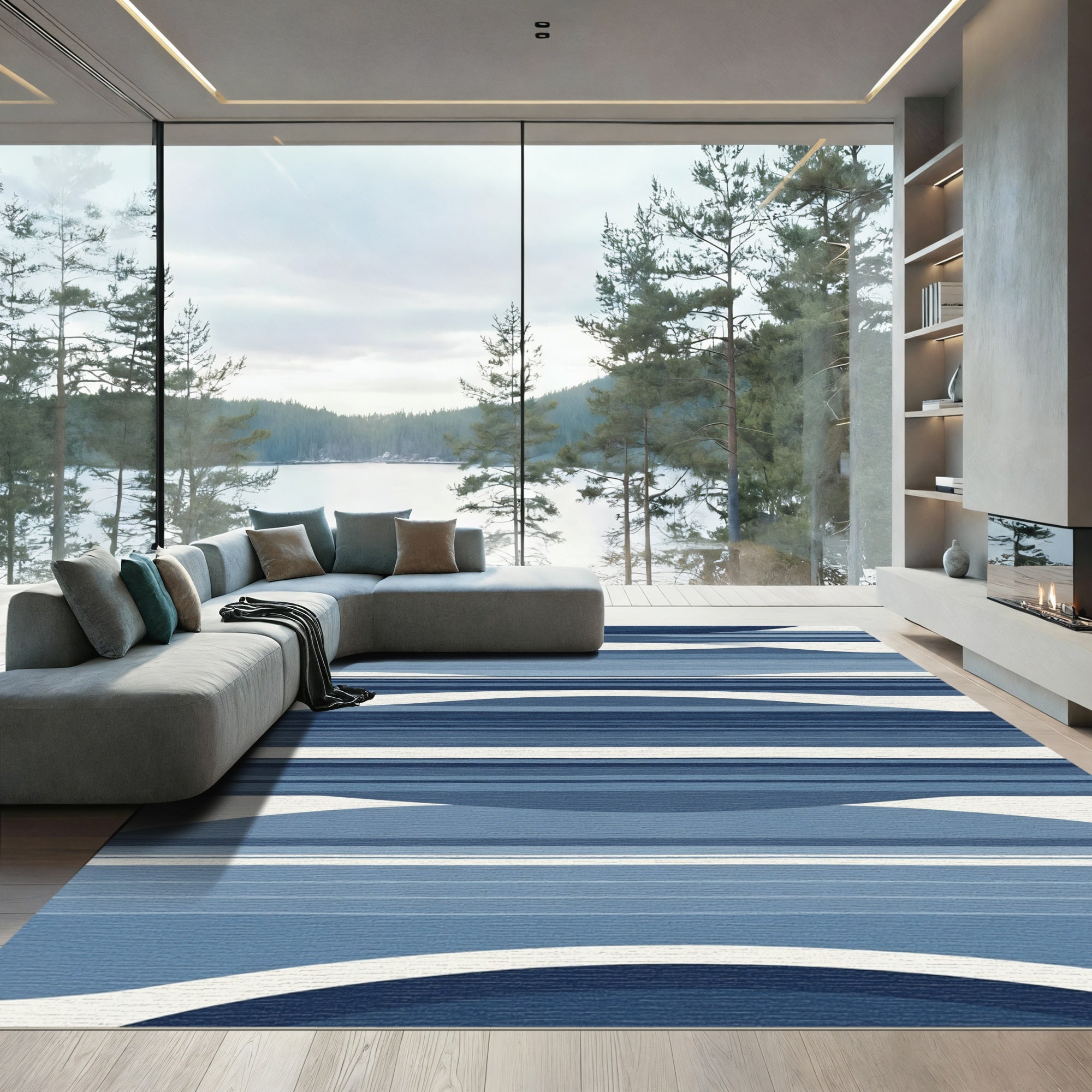 Deep Blue Wave Striped Abstract Rug
