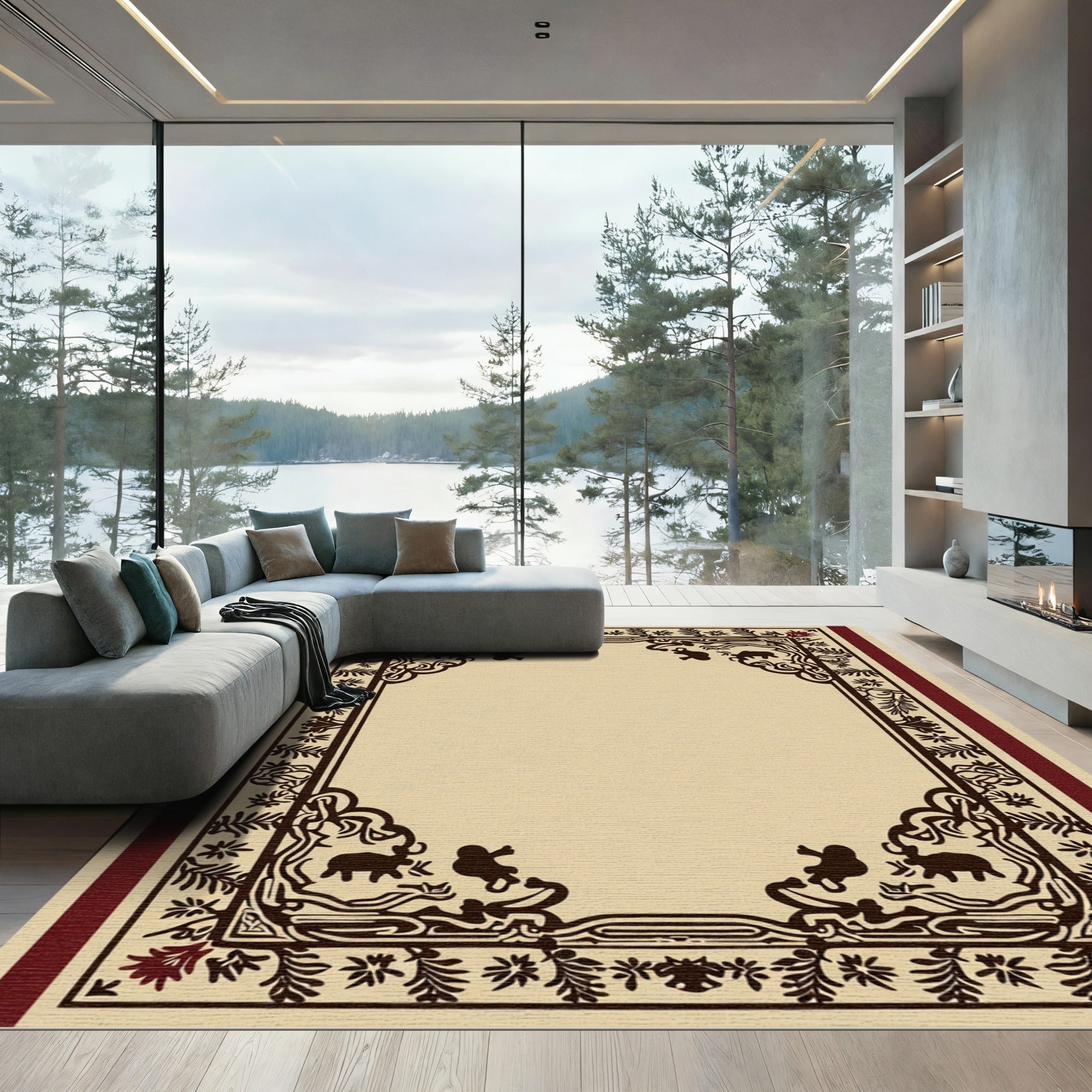Ornate Cream Red Elephant Border Rug