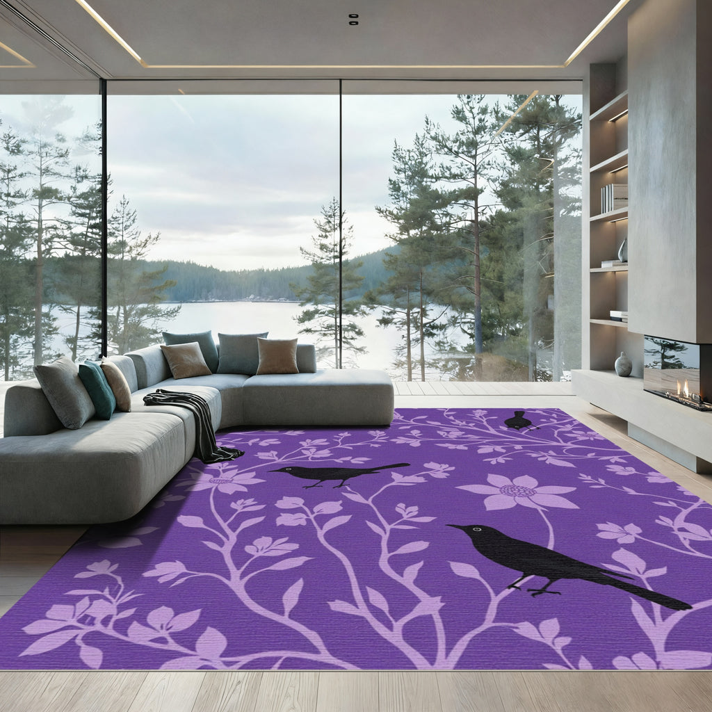 Purple Floral Bird Silhouette Rug