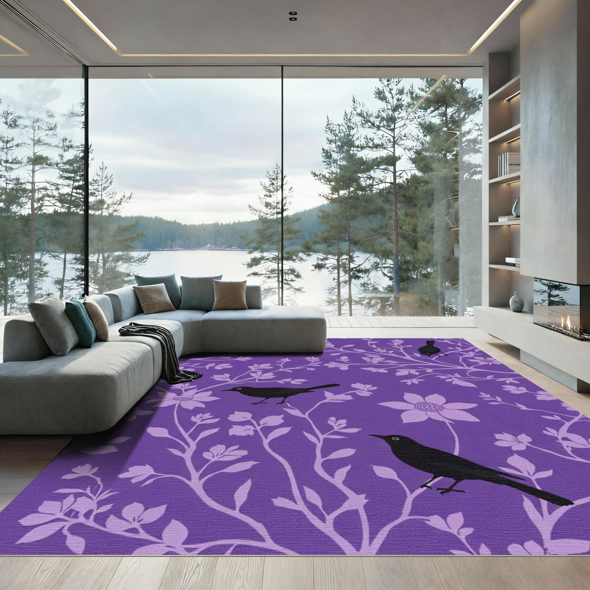 Purple Floral Bird Silhouette Rug