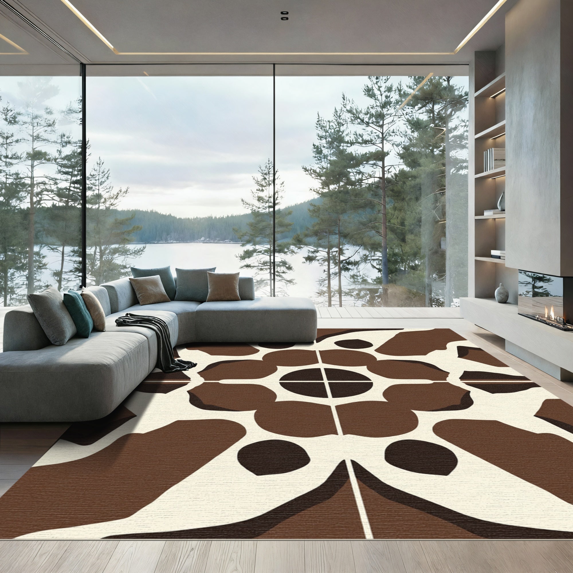 Brown Cream Abstract Geometric Symmetry Rug
