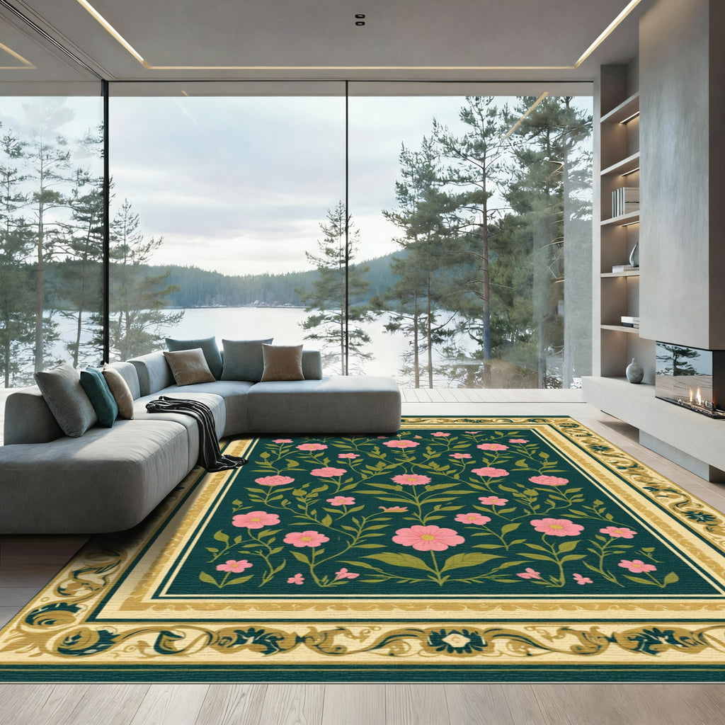 Pink Blossom Botanical Scroll Border Rug