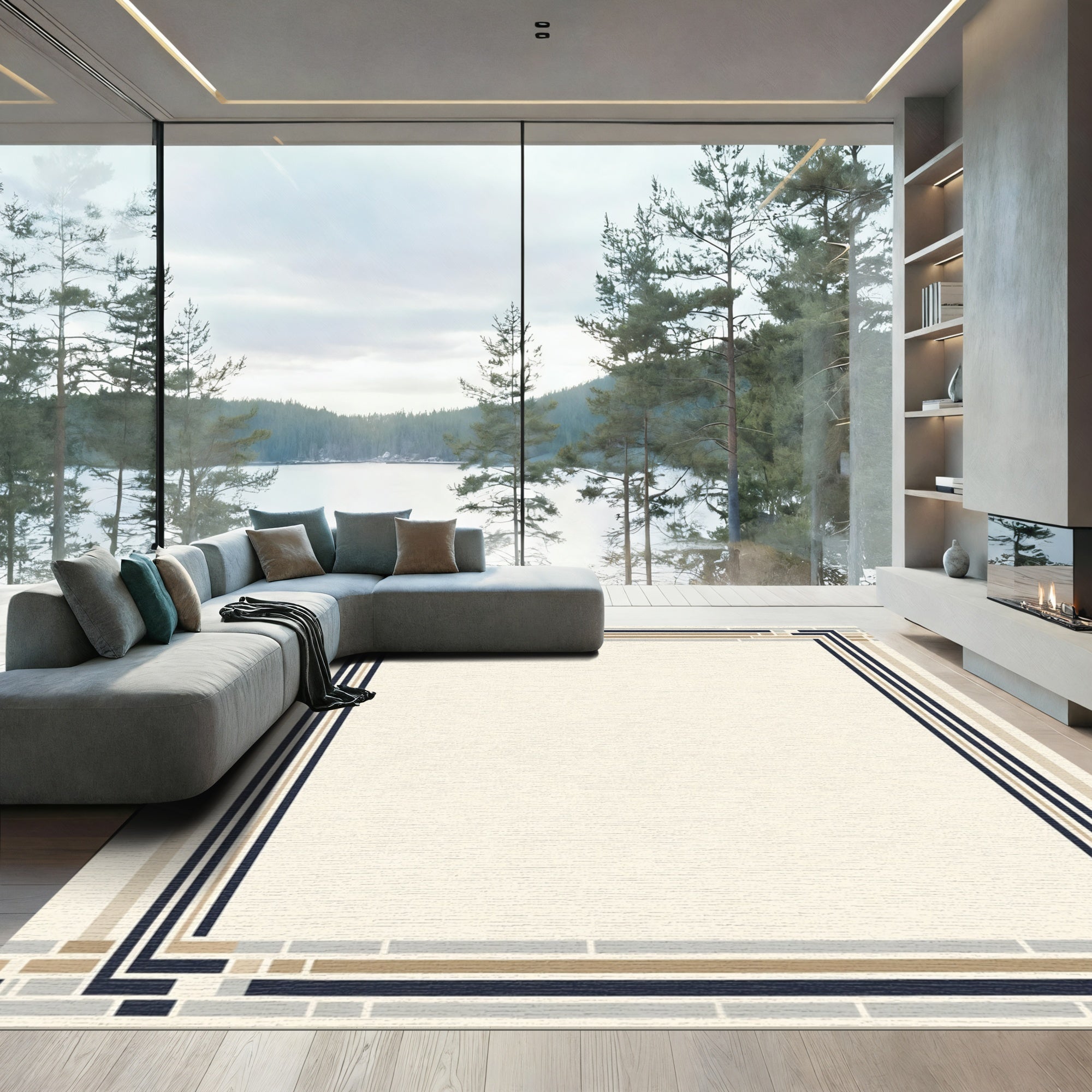 Modern Cream Geometric Border Rug