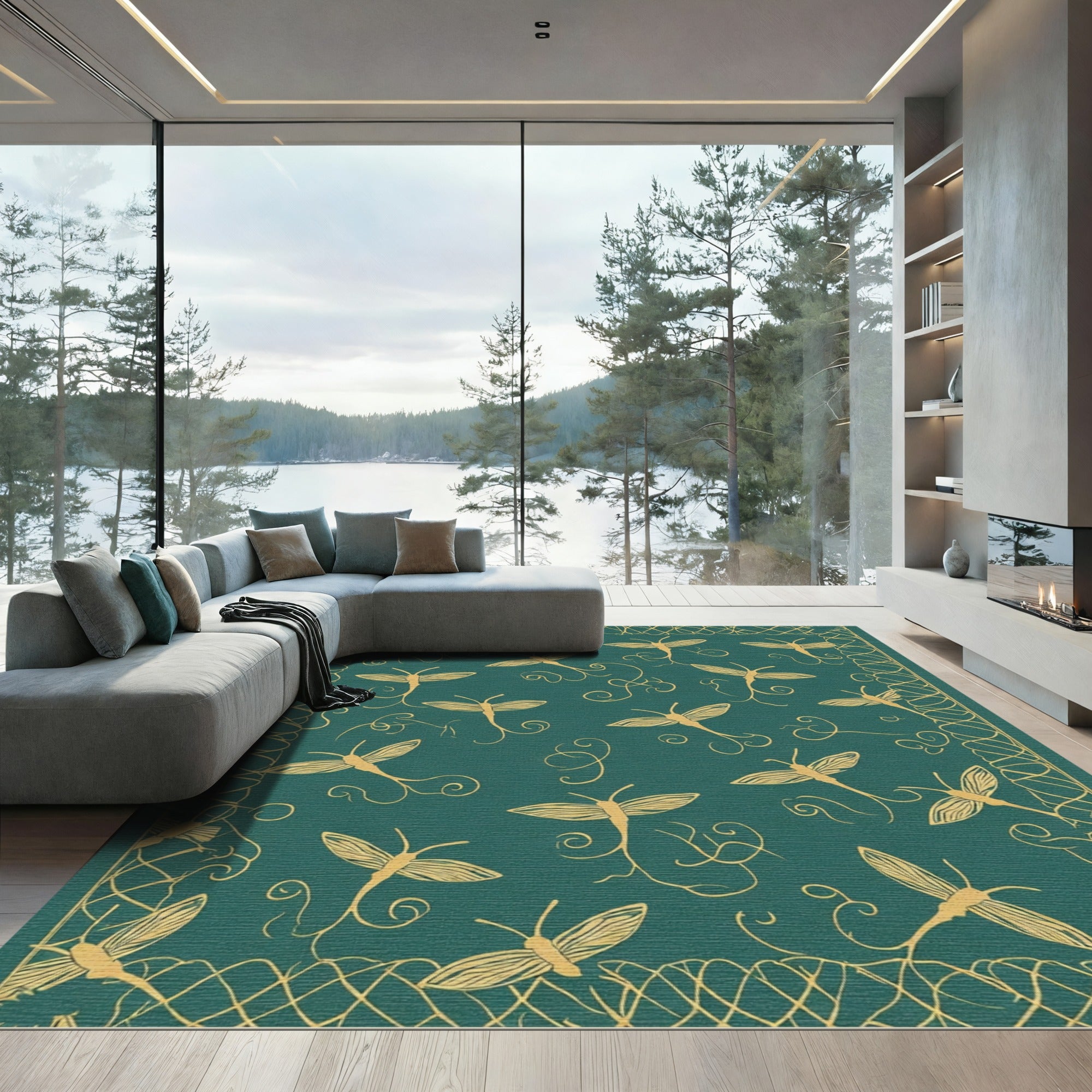 Emerald Dragonflies Scroll Border Rug