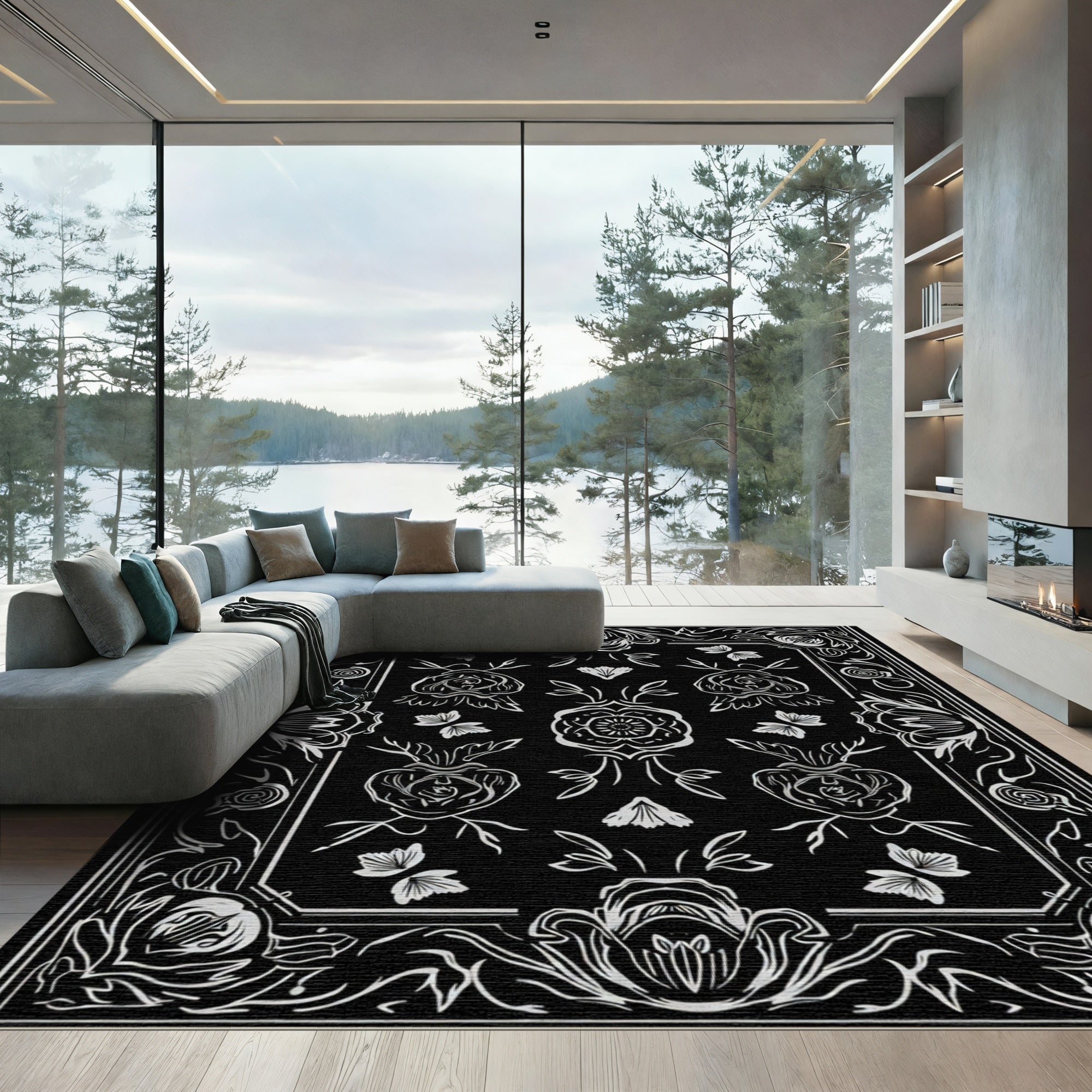 Black White Floral Butterfly Garden Rug