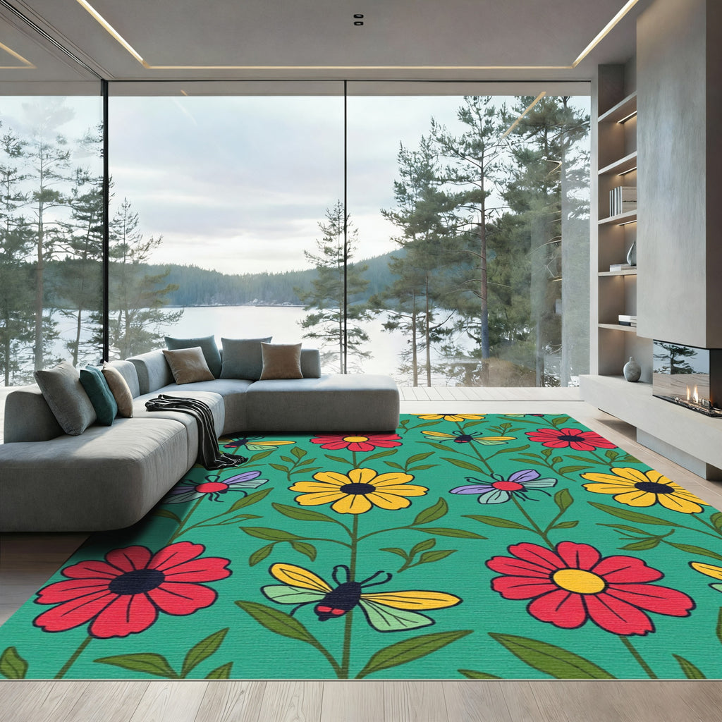 Whimsical Flower and Insect Garden Rug