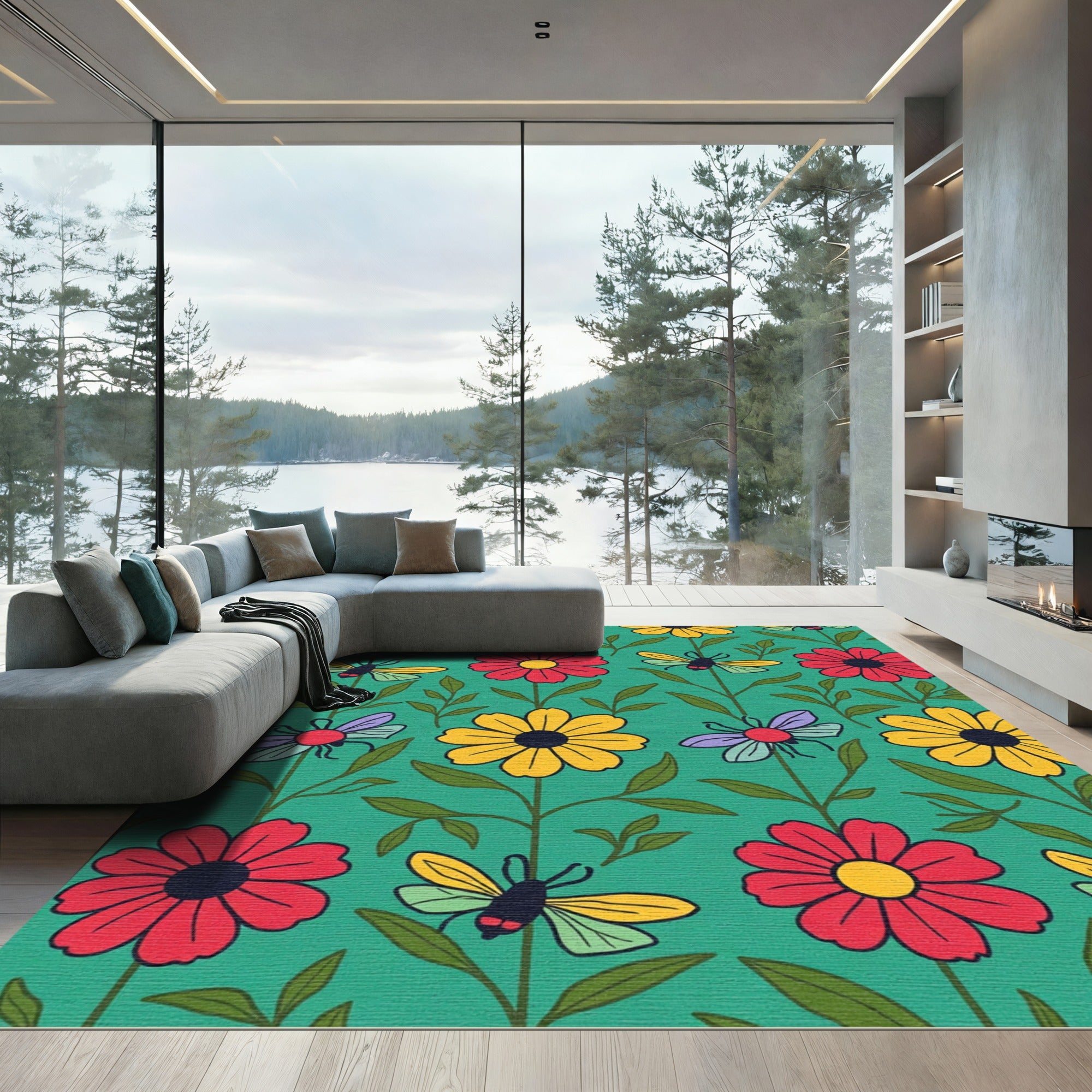 Whimsical Flower and Insect Garden Rug