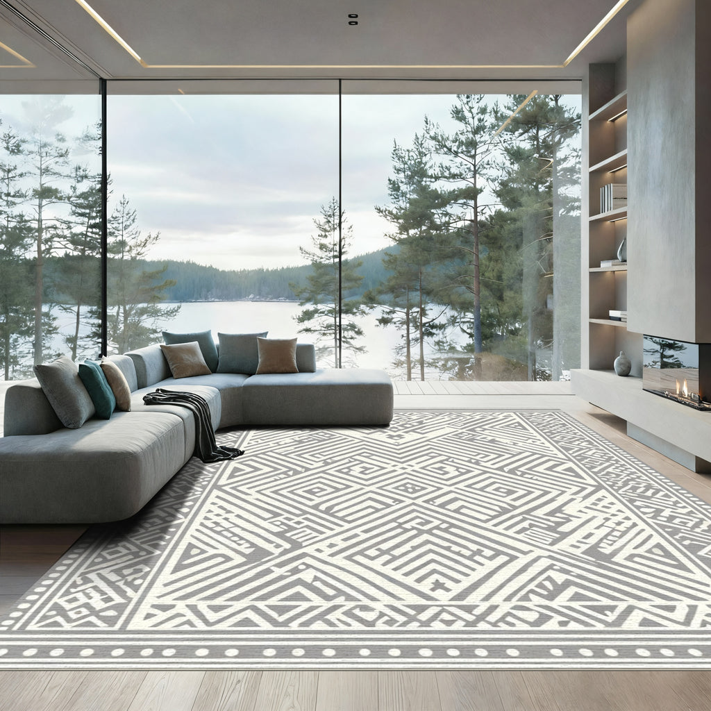 Gray Geometric Maze Southwestern Rug