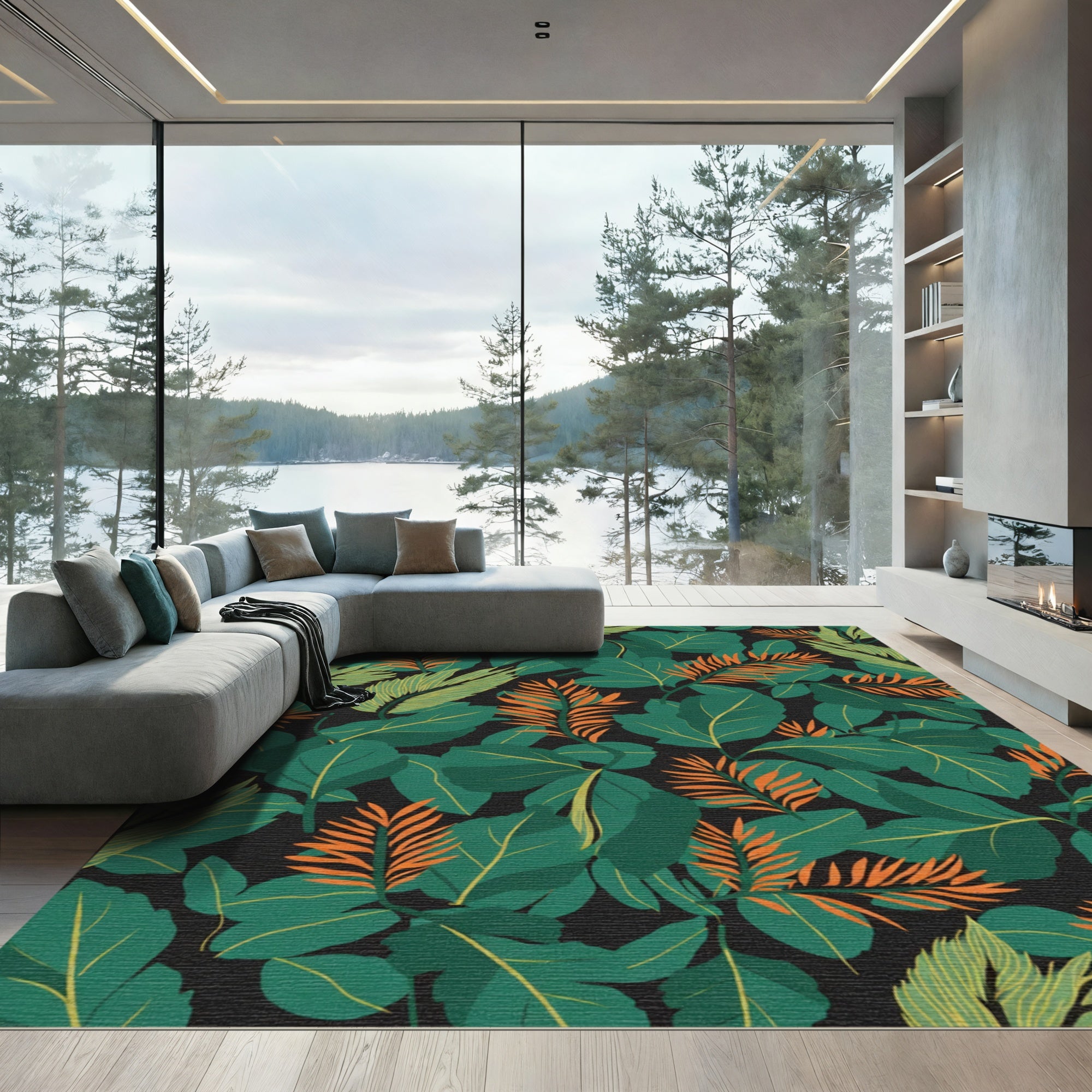 Emerald Teal Leafy Foliage Botanical Rug