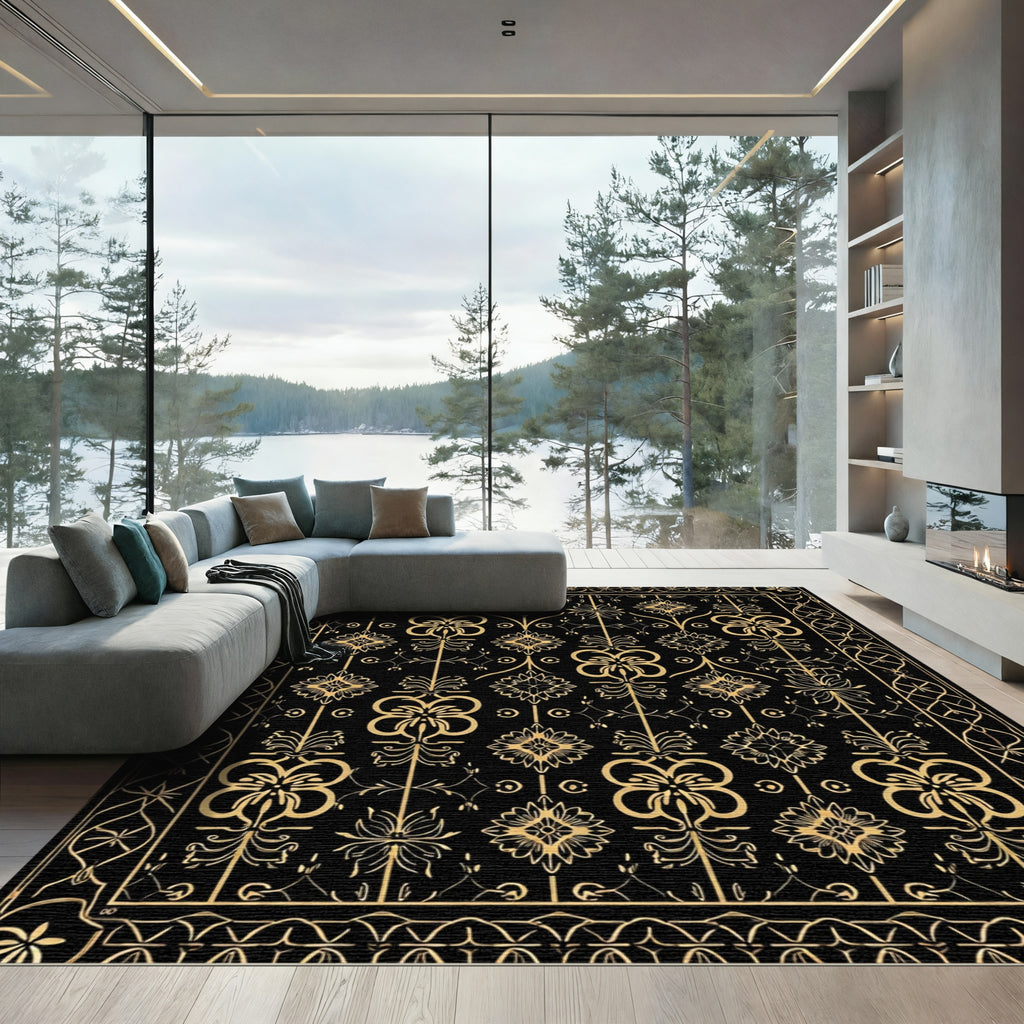 Gold Ochre Floral Scroll Art Deco Rug