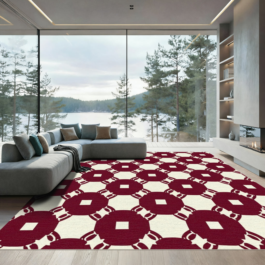Crimson White Linked Square Medallion Rug