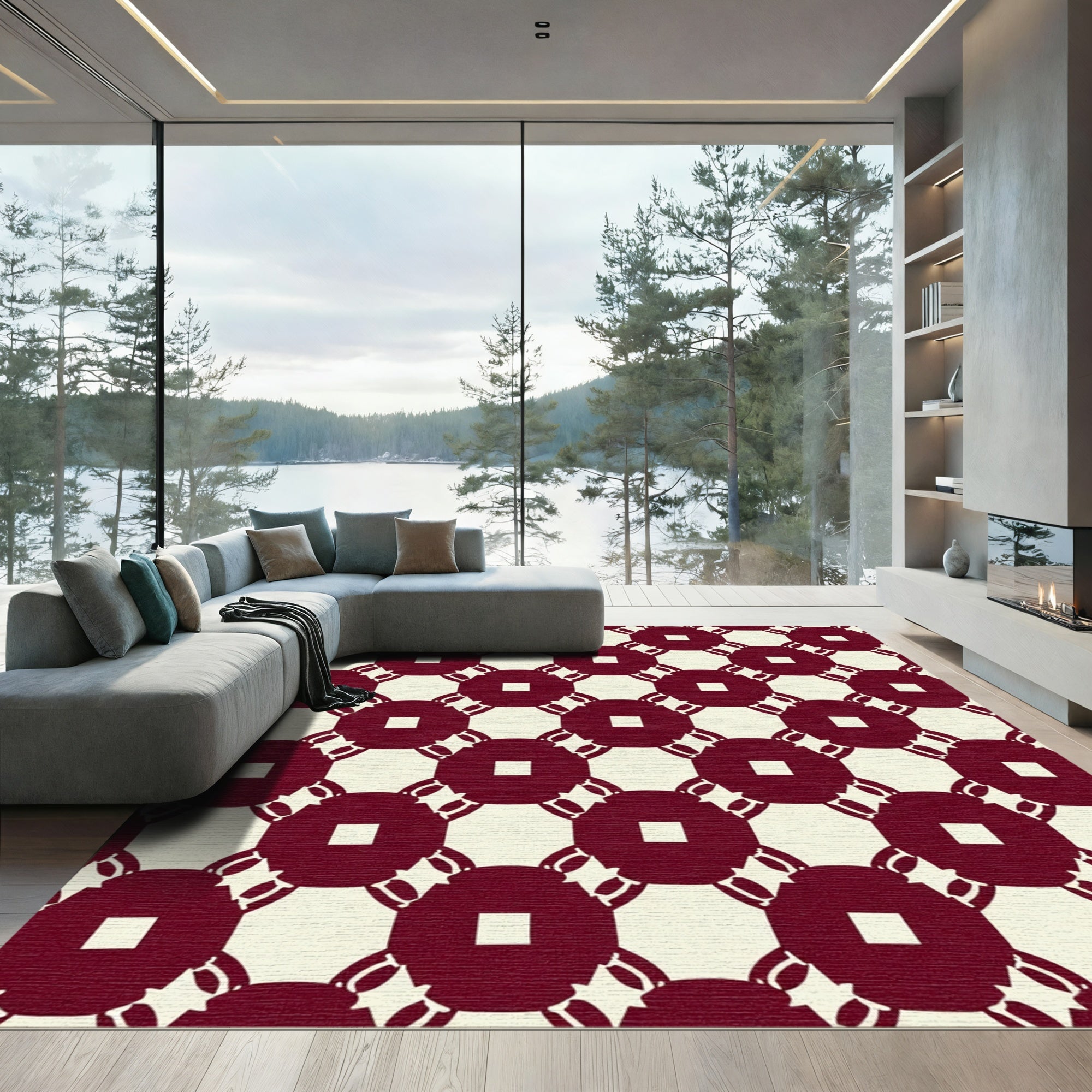 Crimson White Linked Square Medallion Rug