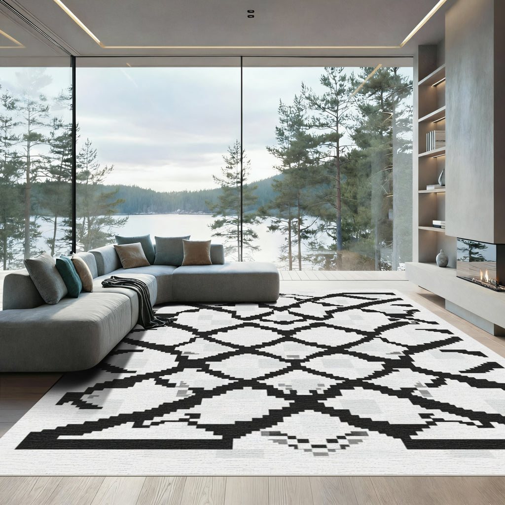 Black White Interlocking Geometric Rug