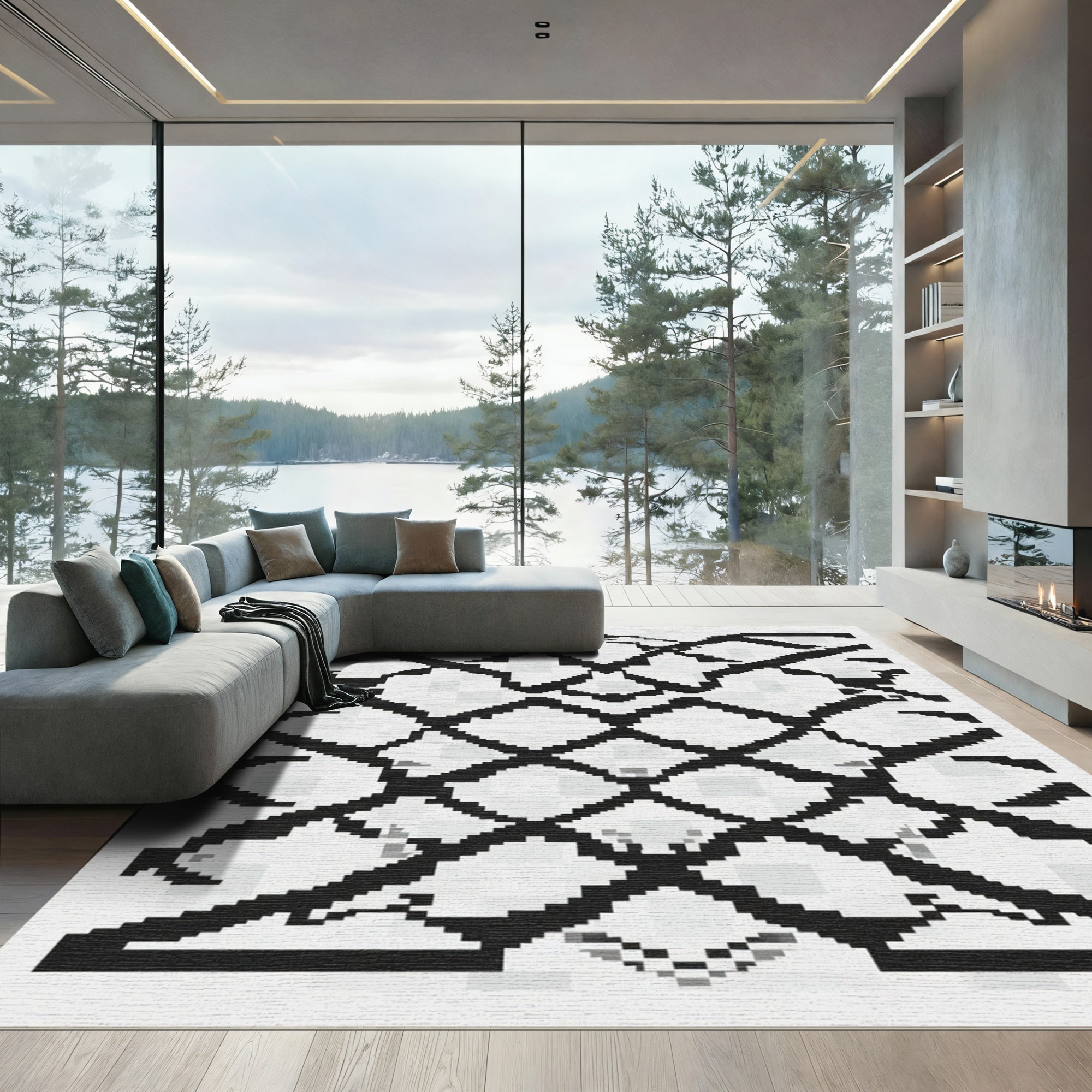 Black White Interlocking Geometric Rug