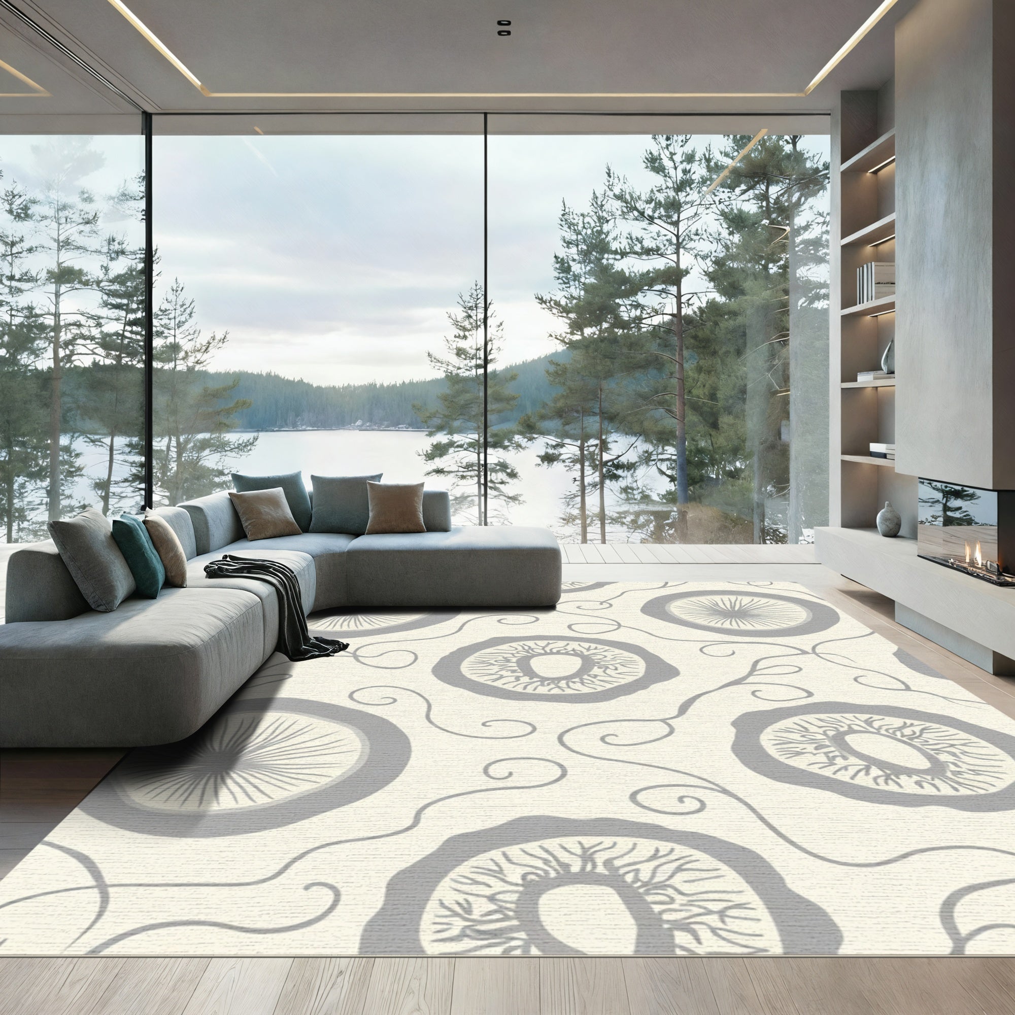Gray Floral Vine Round Medallion Rug
