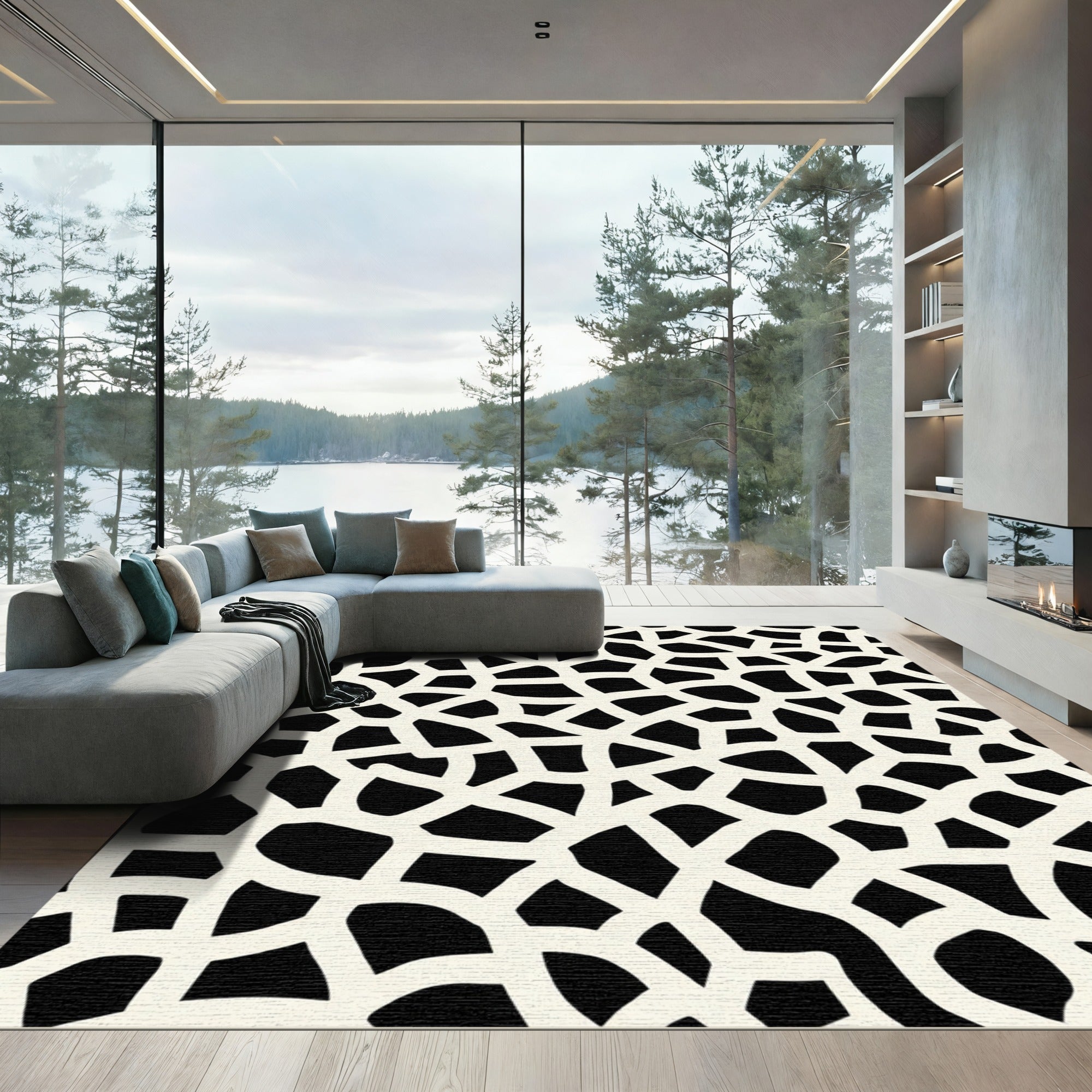 Organic Cream Network Contrast Rug