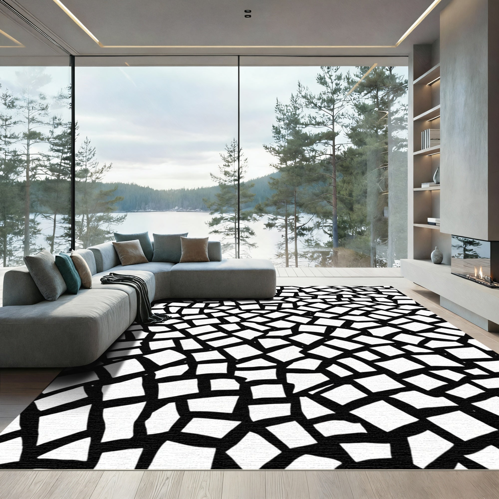 Abstract Black White Shattered Squares Rug