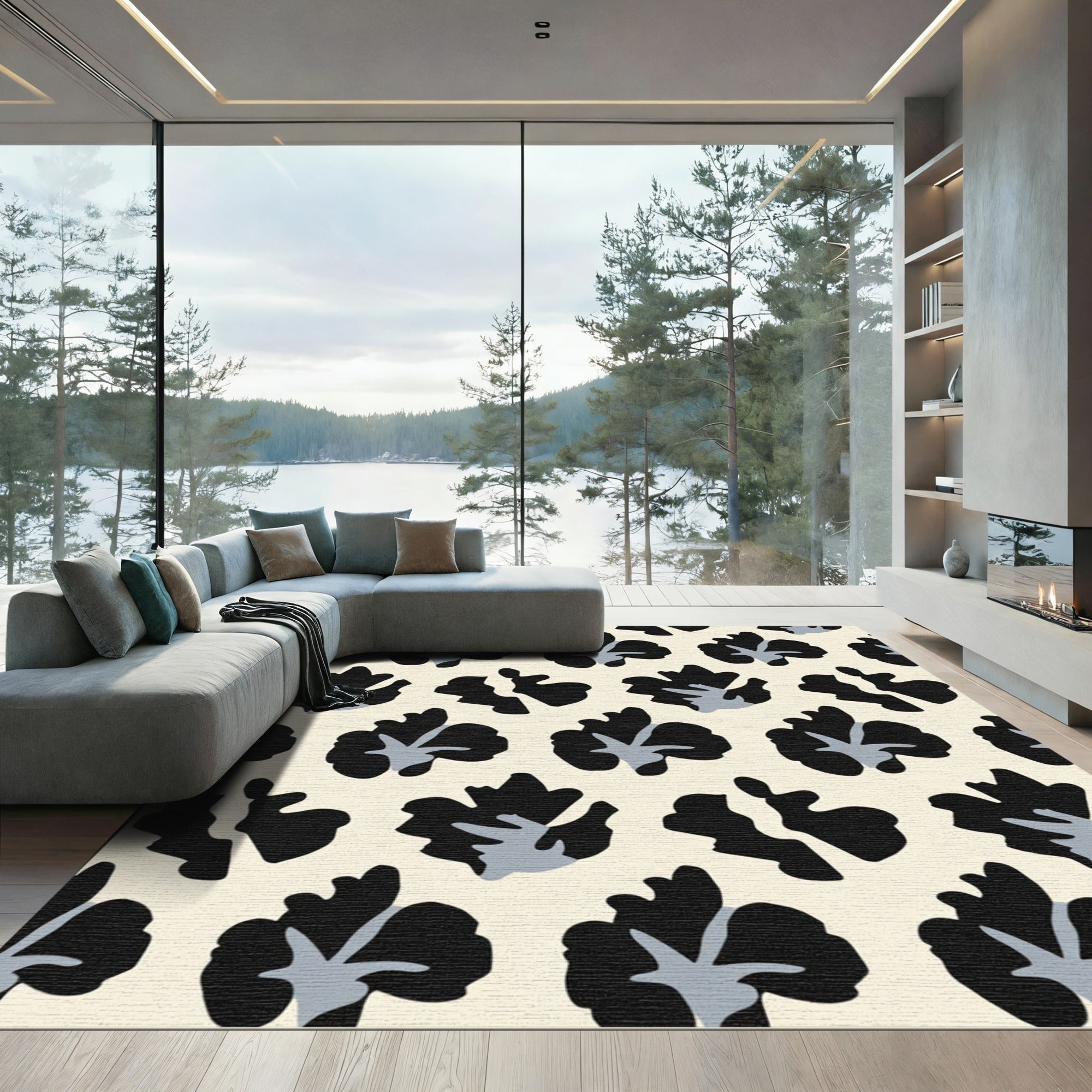Cream Black Gray Floral Bloom Rug