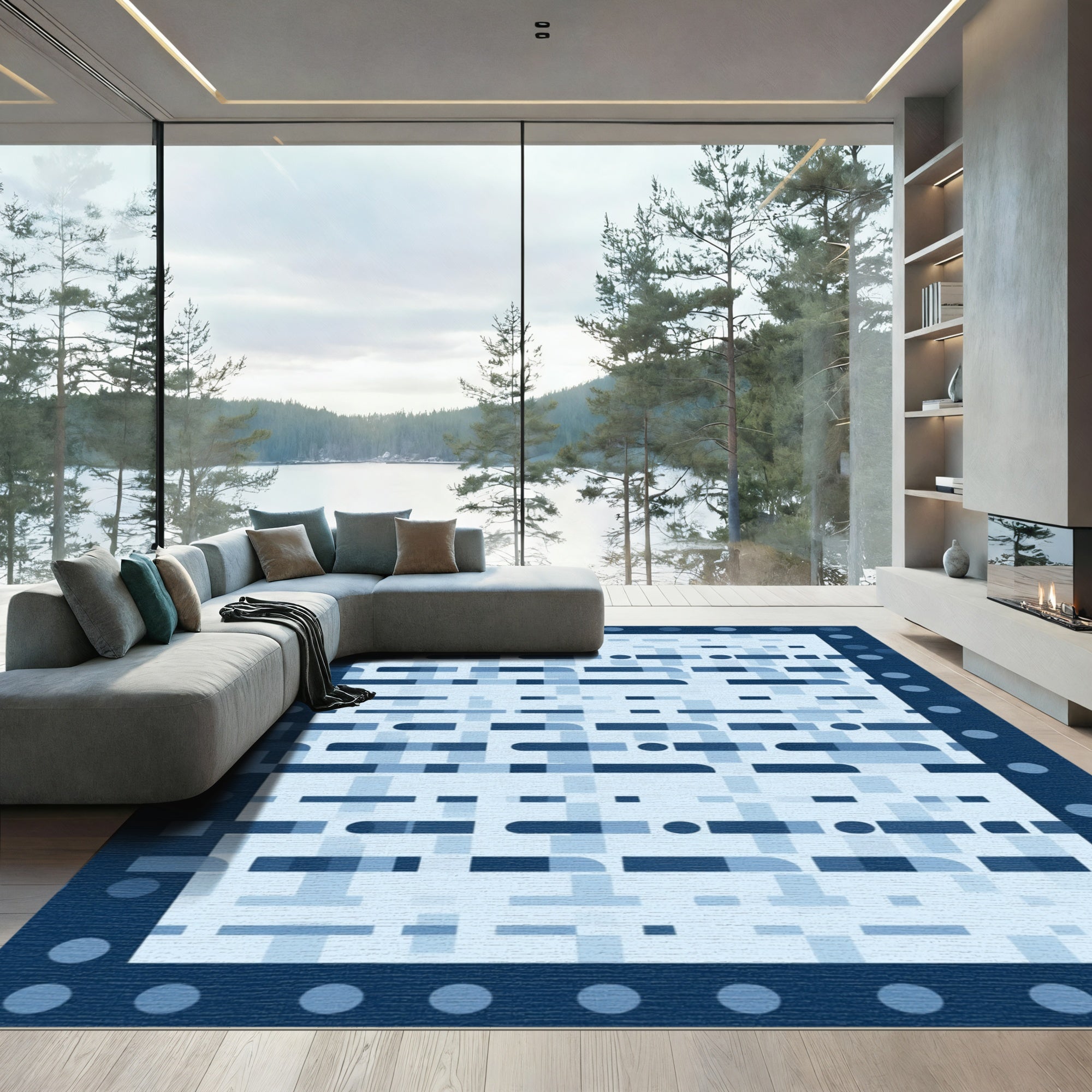 Deep Blue Abstract Pixelated Stripe Rug