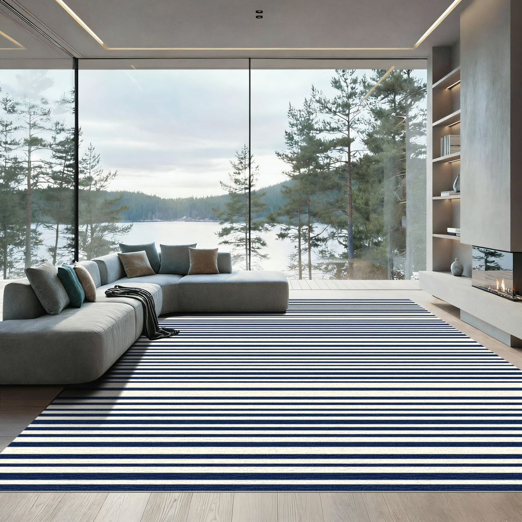Classic Navy Cream Striped Rug