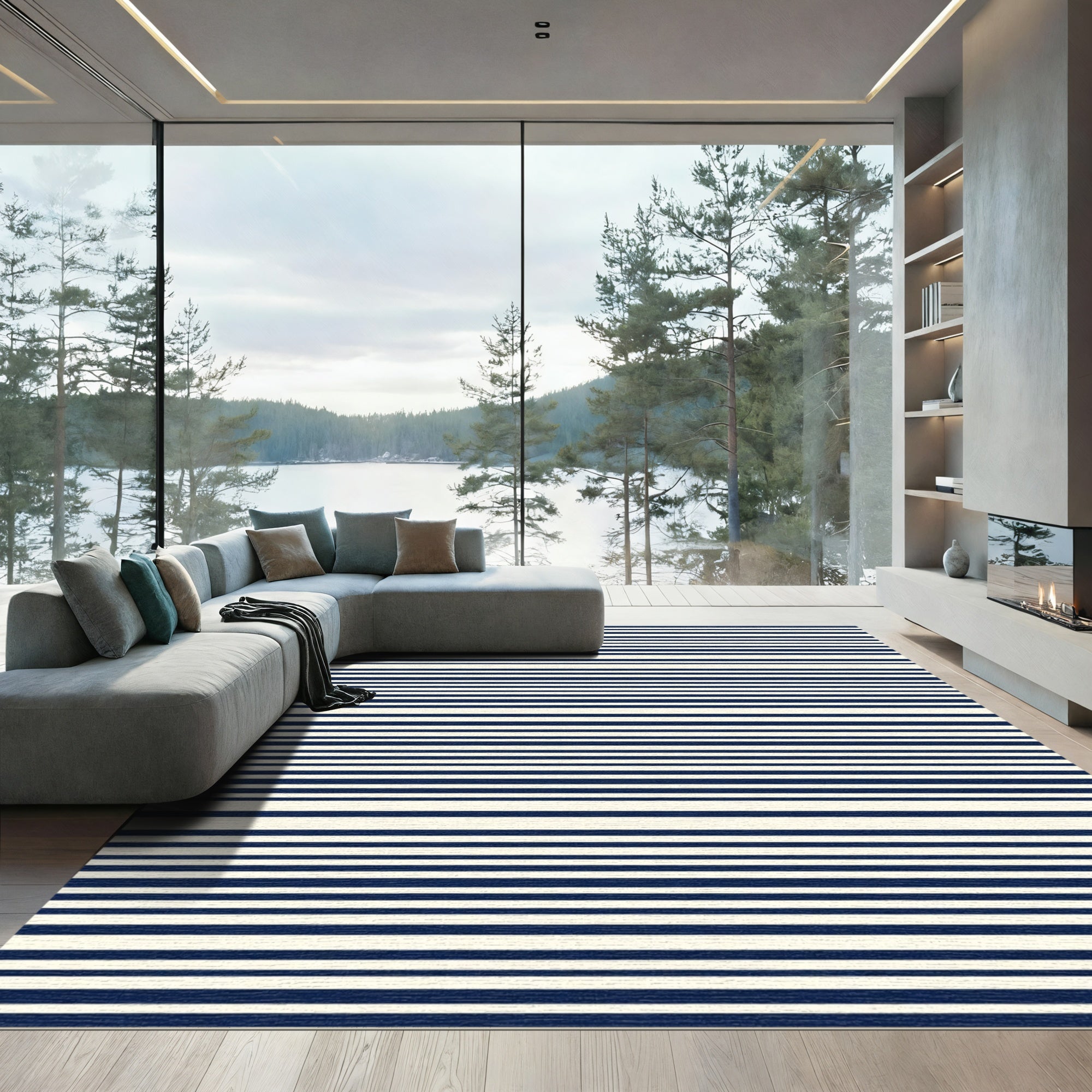 Classic Navy Cream Striped Rug