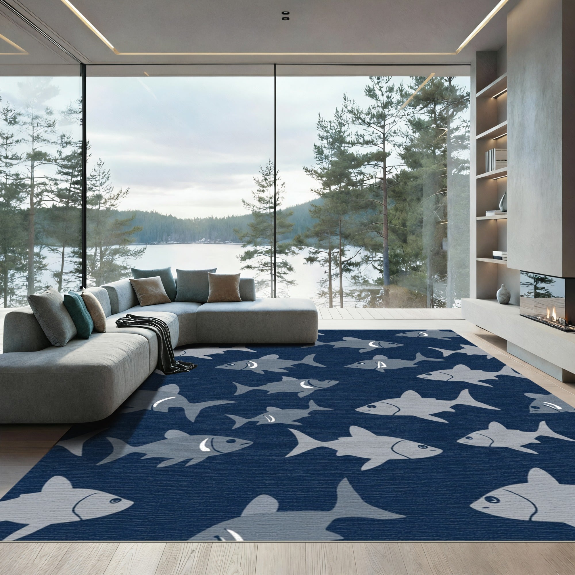 School of Fish Navy Aqua Rug