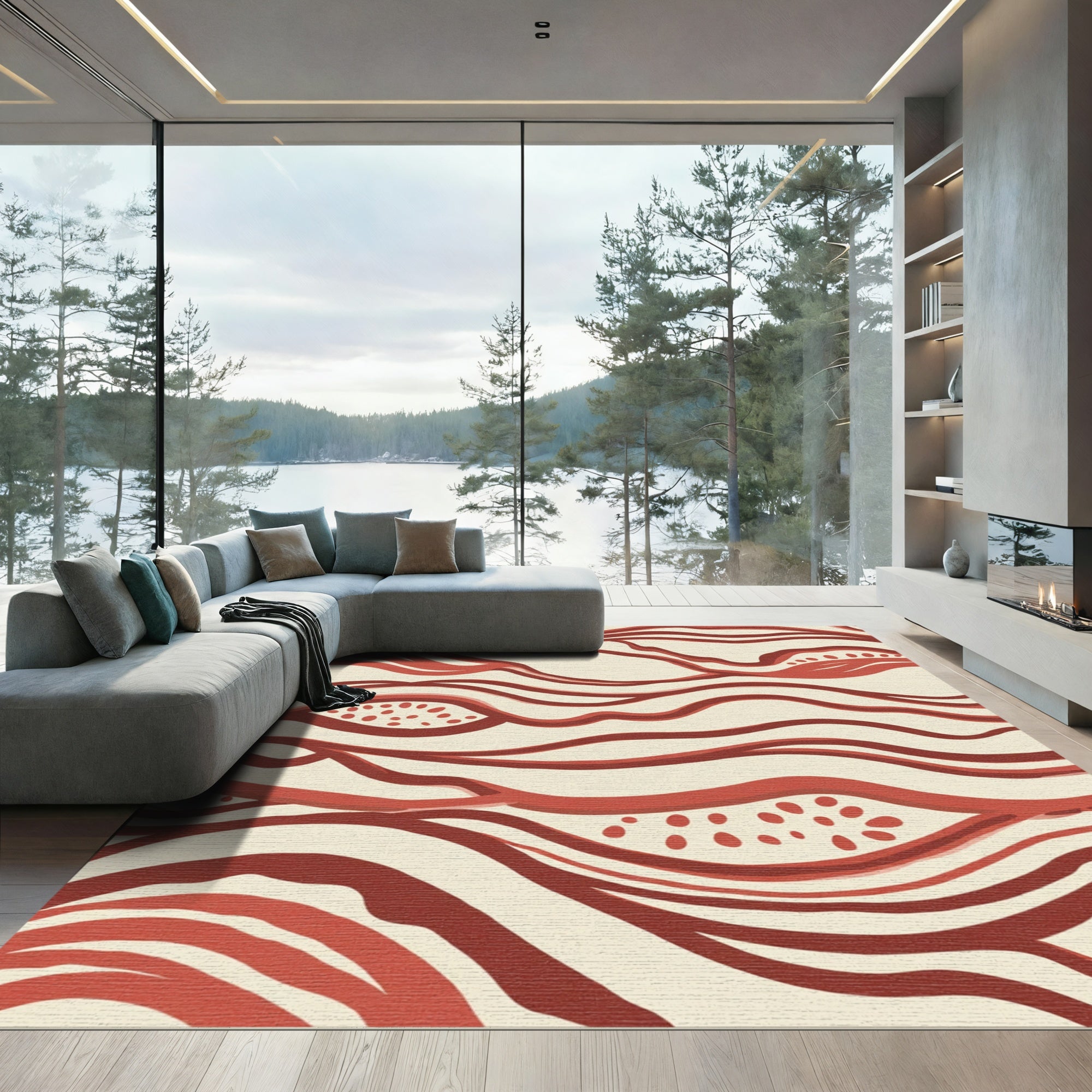 Crimson Abstract Wave Organic Rug