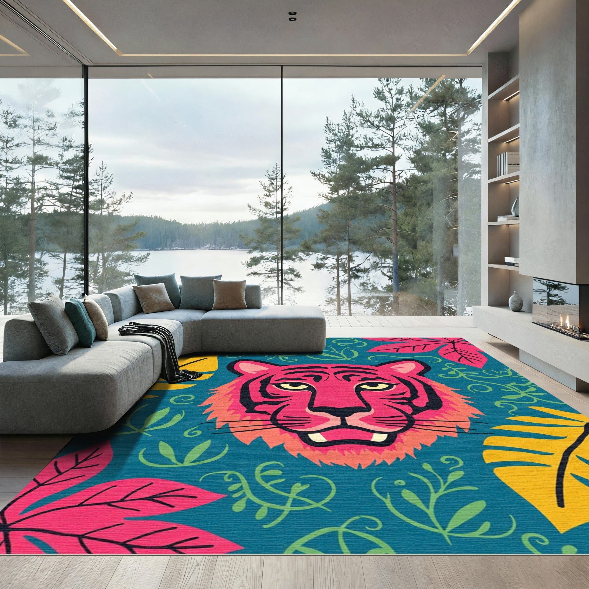 Vibrant Pink Tiger Jungle Leaves Rug