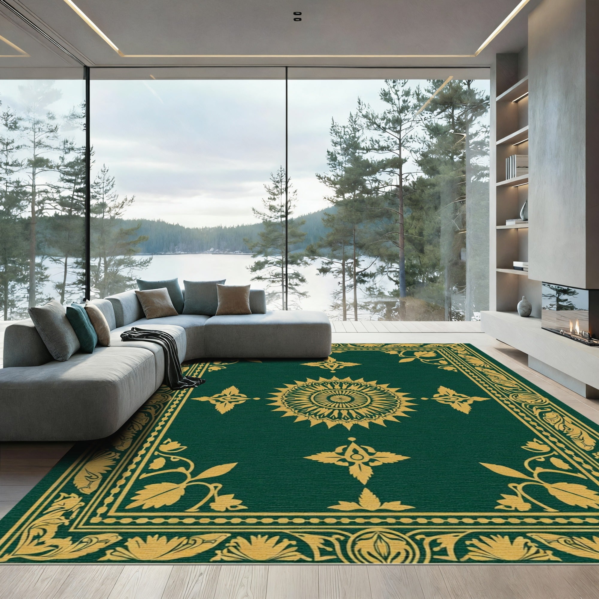 Emerald Gold Floral Medallion Borders Rug