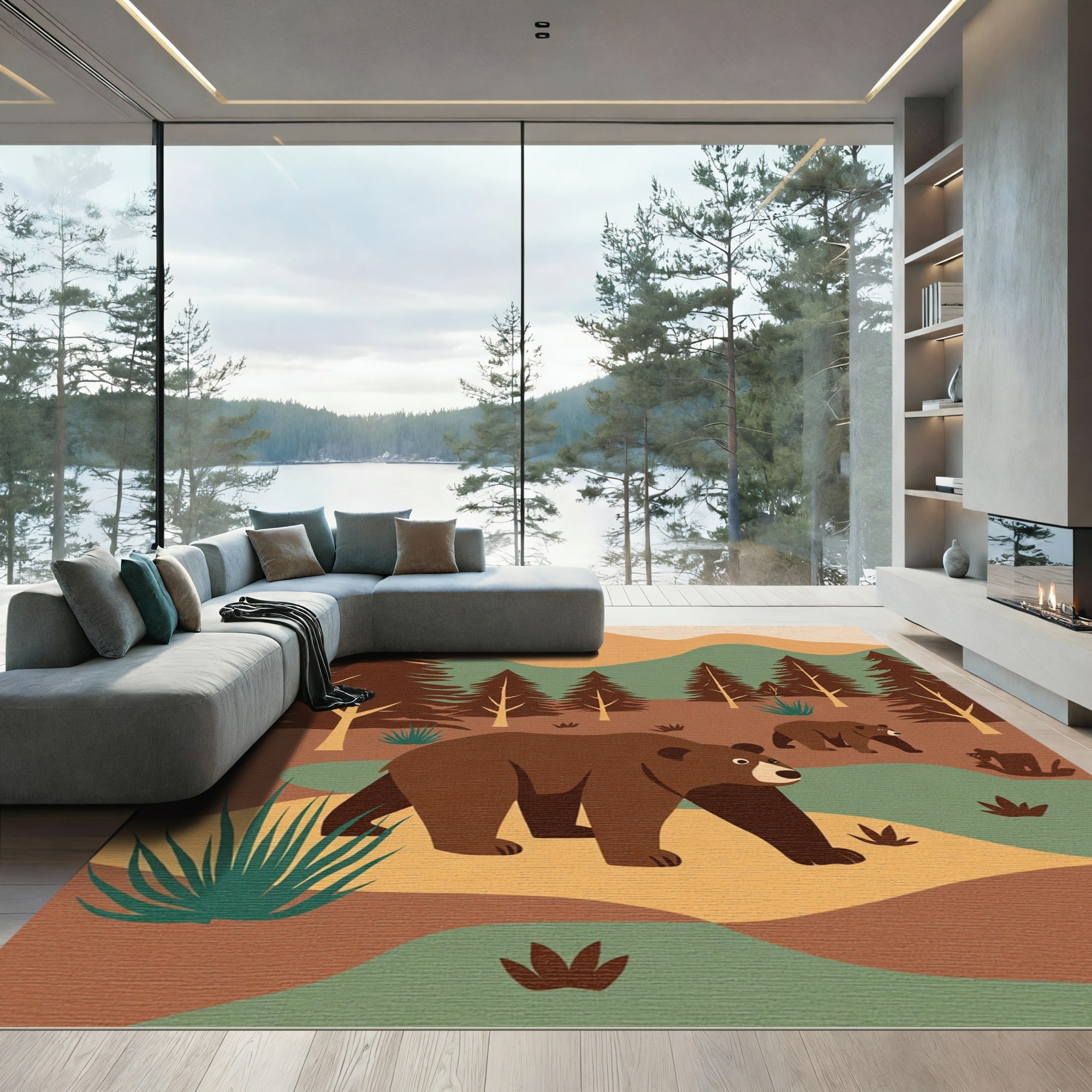 Woodland Bears Mountain Landscape Rug