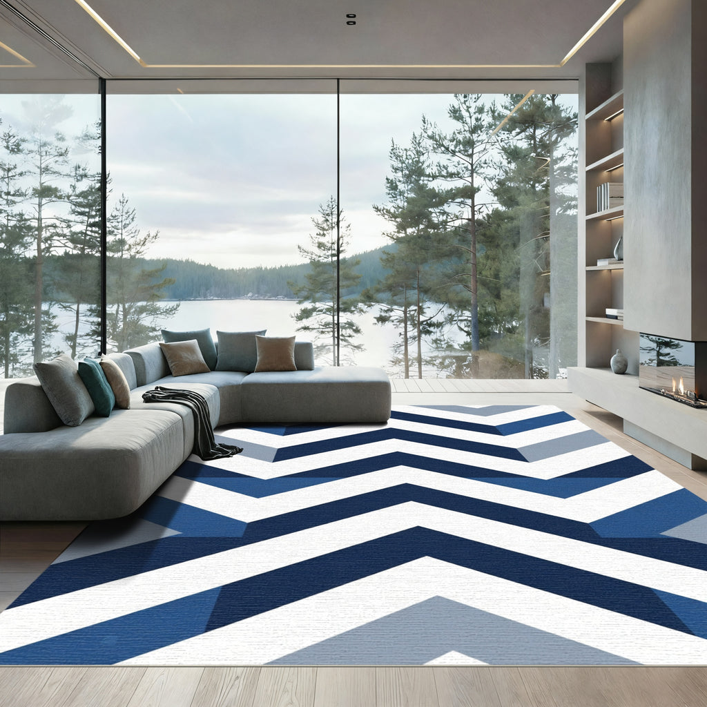 Naval Blue Geometric Chevron Zigzag Rug