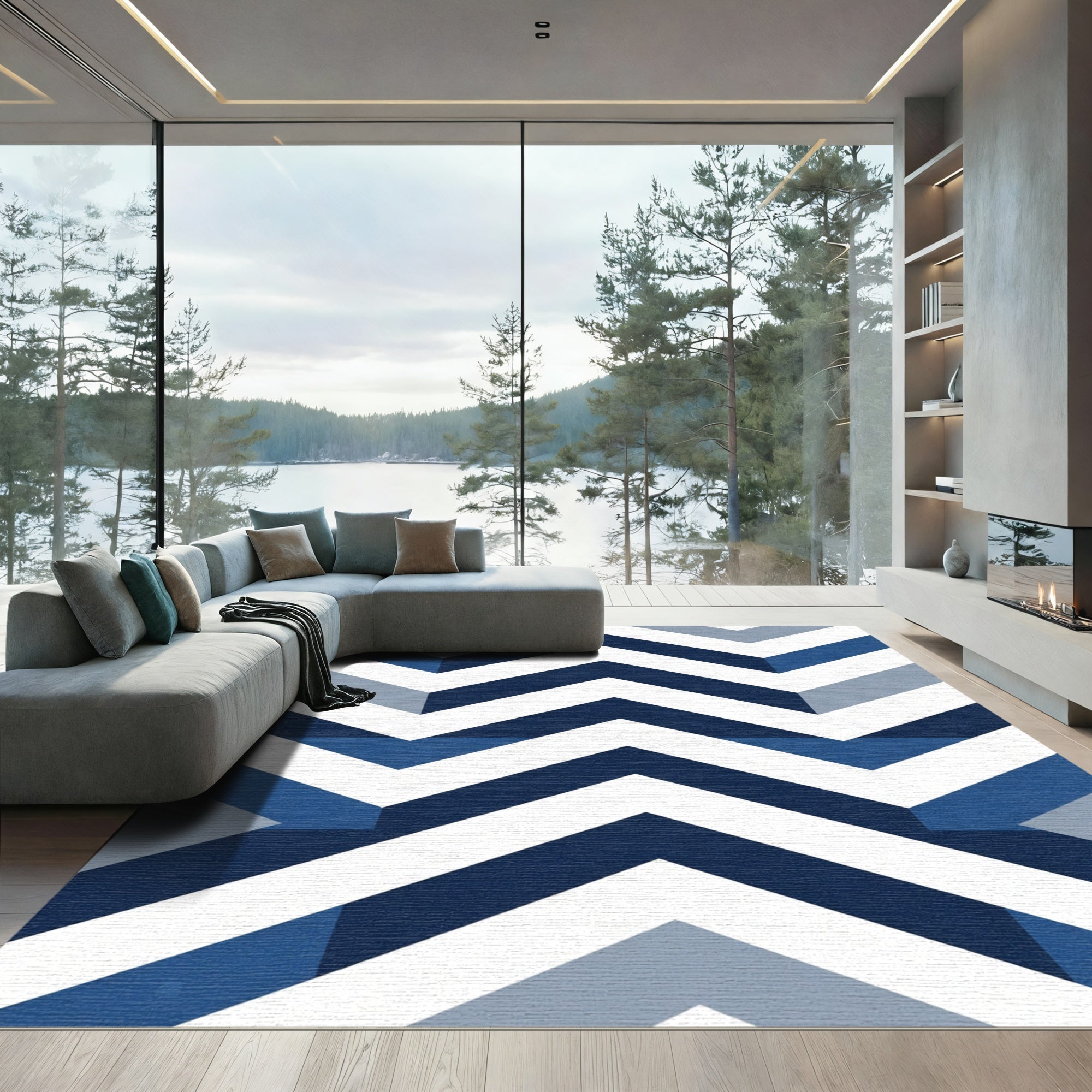 Naval Blue Geometric Chevron Zigzag Rug
