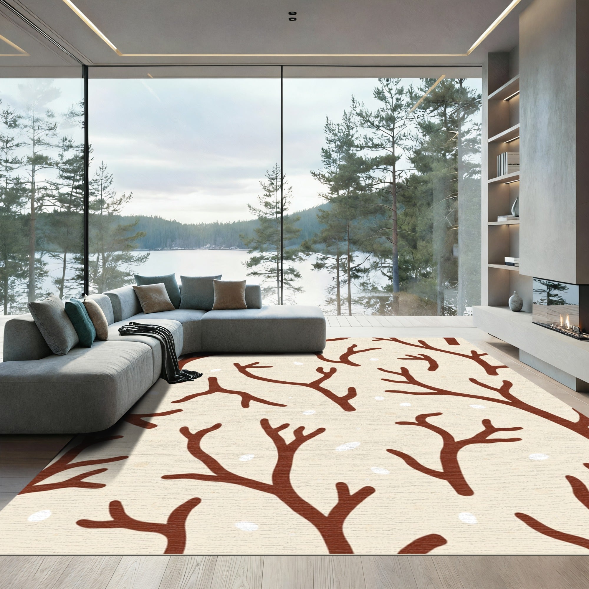 Brown Branch Pattern on Cream Ground Rug